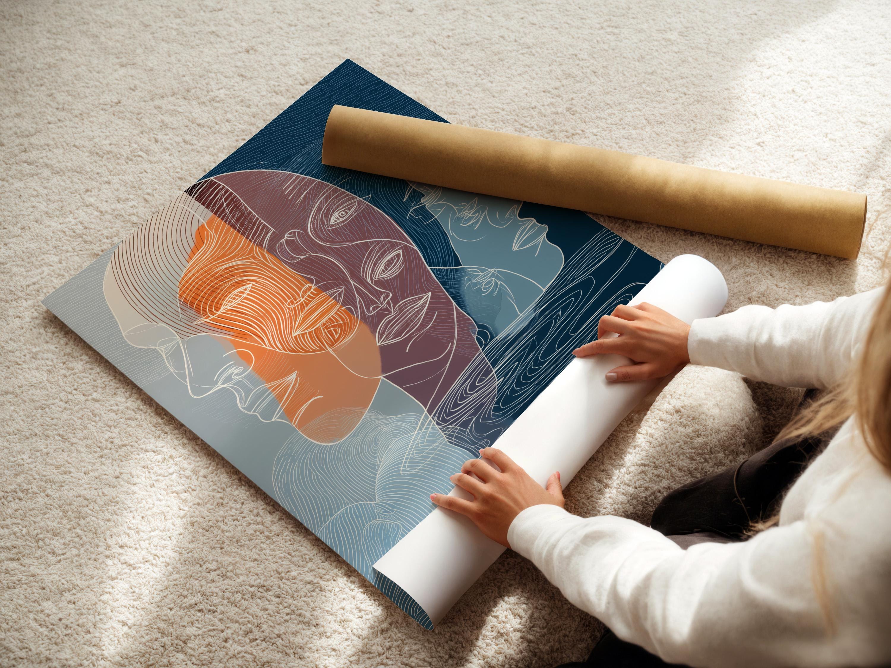 A pair of abstract line-illustrated faces fills the centre, layered in indigo, teal and warm terracotta/orange with flowing contour lines detail view