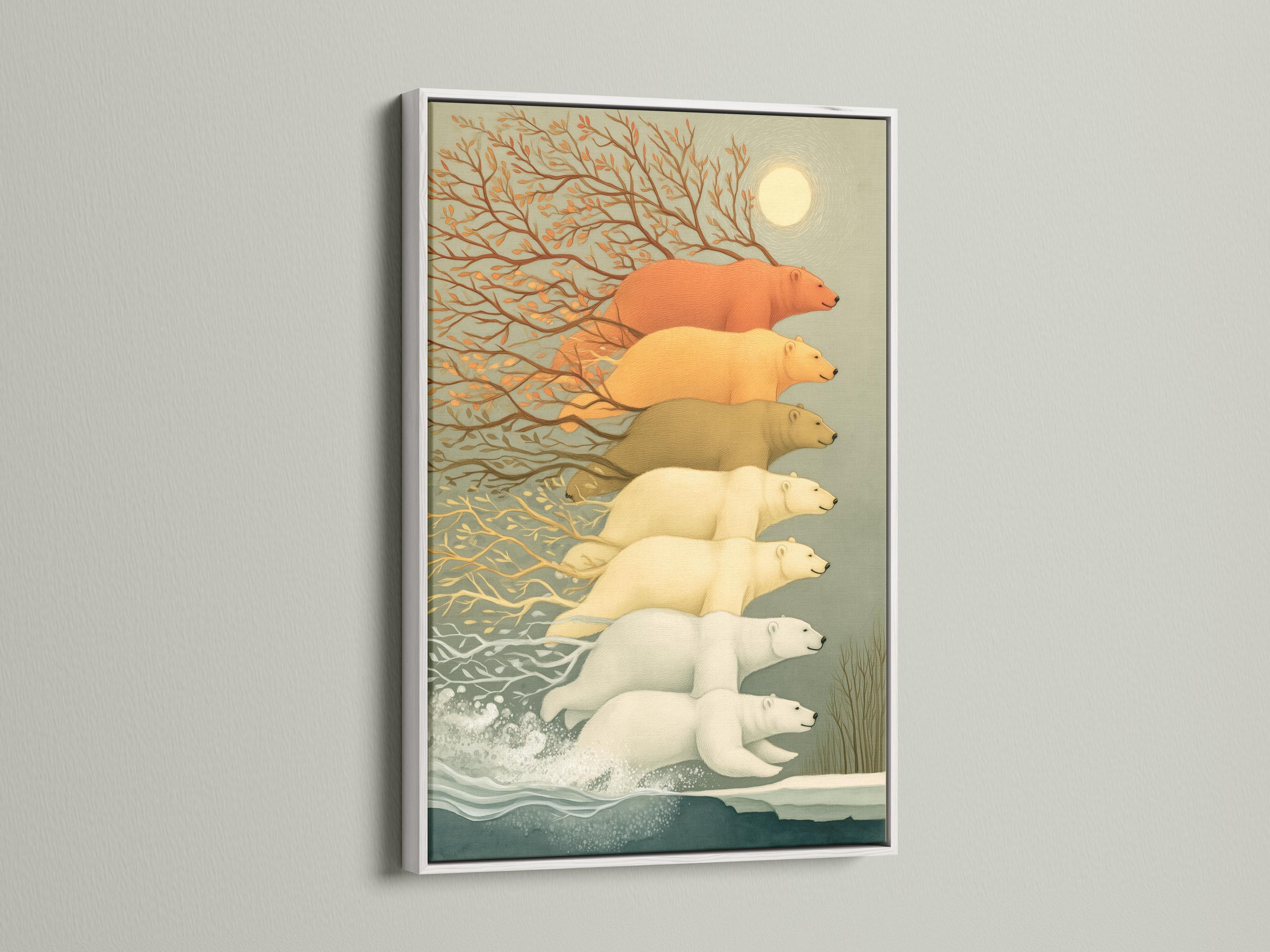 Polar bear family walking through a snowy scene with orange tree foliage and a glowing moon detail view