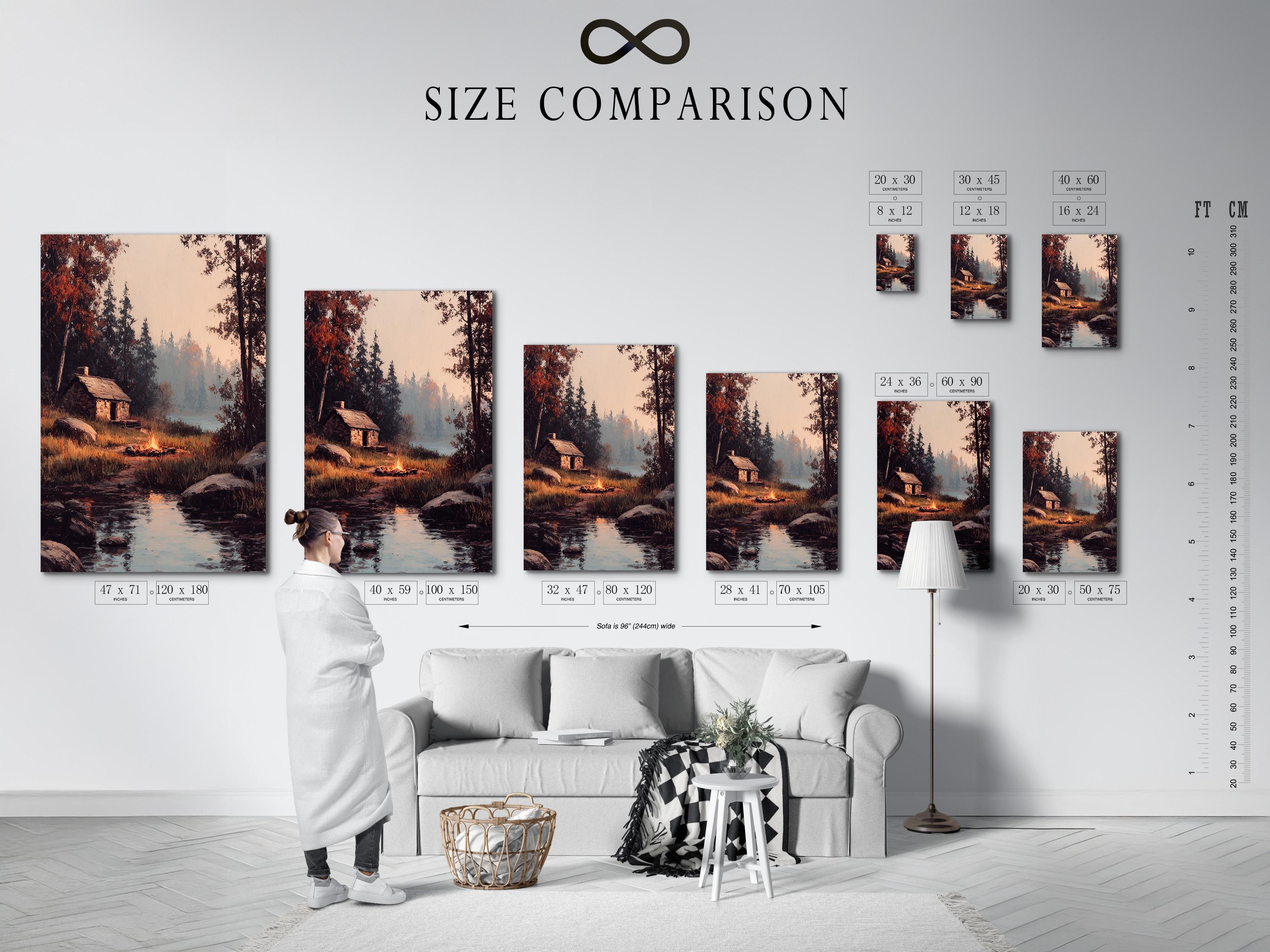 Wood-framed artwork of a rustic cabin scene in a product mockup view