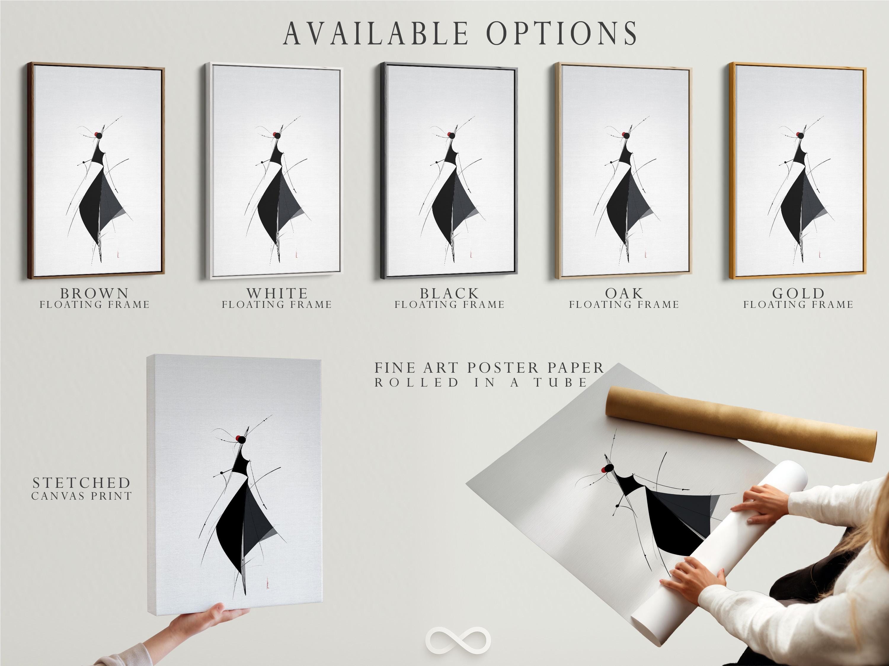 Minimalist line figure artwork with black shapes and deep red accents on a light background detail view