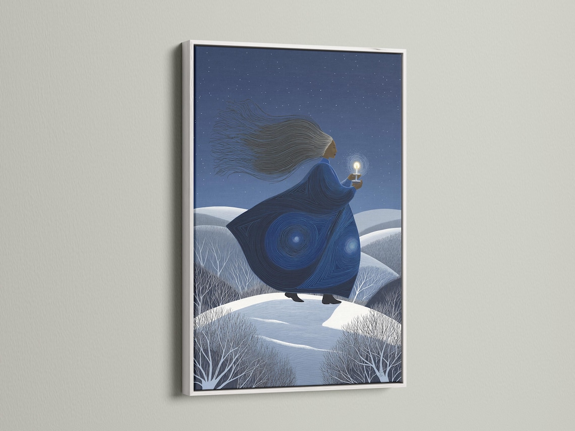 Indigo winter night artwork of a woman holding a glowing lantern above snowy hills and stars detail view