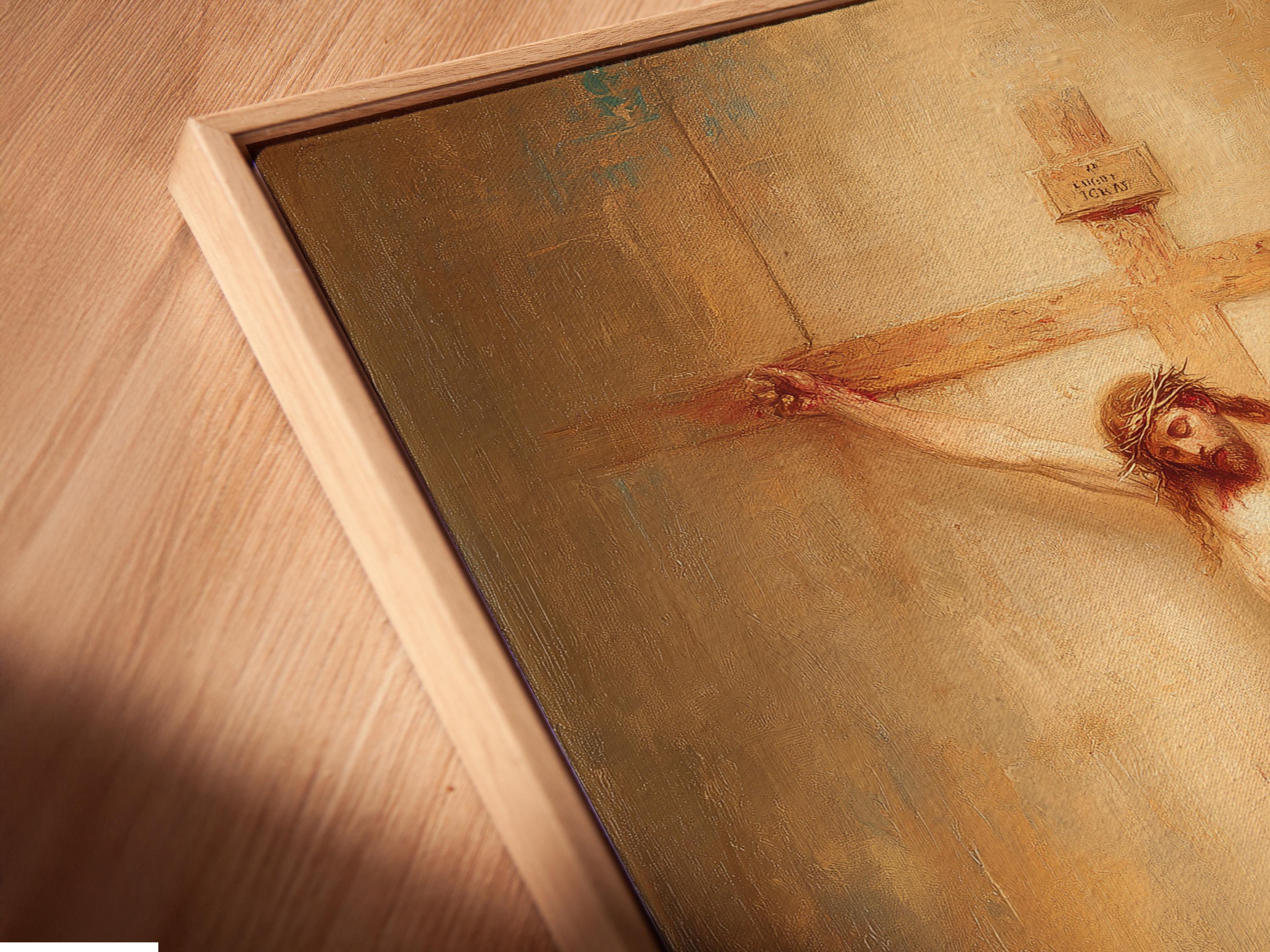 Crucifixion scene painting showing a human figure on a cross with warm beige, gold and red tones detail view