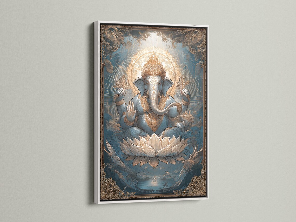 Ornate teal and gold illustration of an elephant-headed deity seated on a lotus detail view
