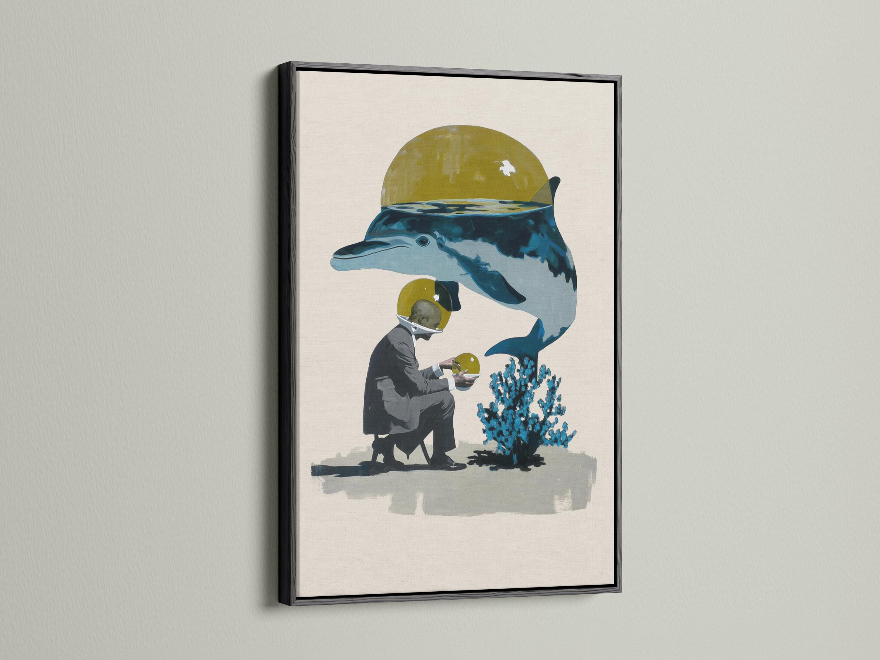 Surreal dolphin in blue with a yellow helmet-like dome and a person holding a round yellow object detail view