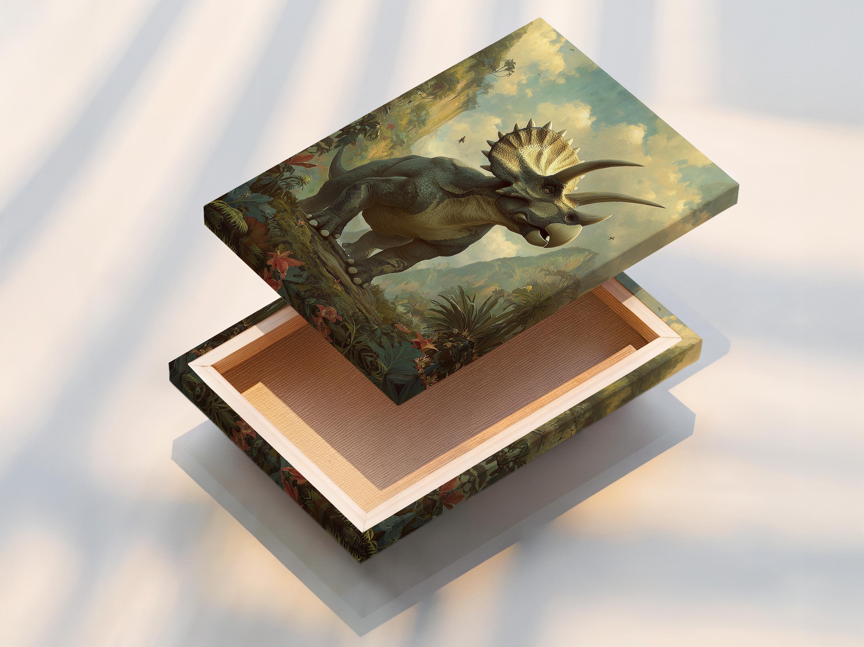 Triceratops standing in a prehistoric jungle with muted green foliage and a pale sky detail view