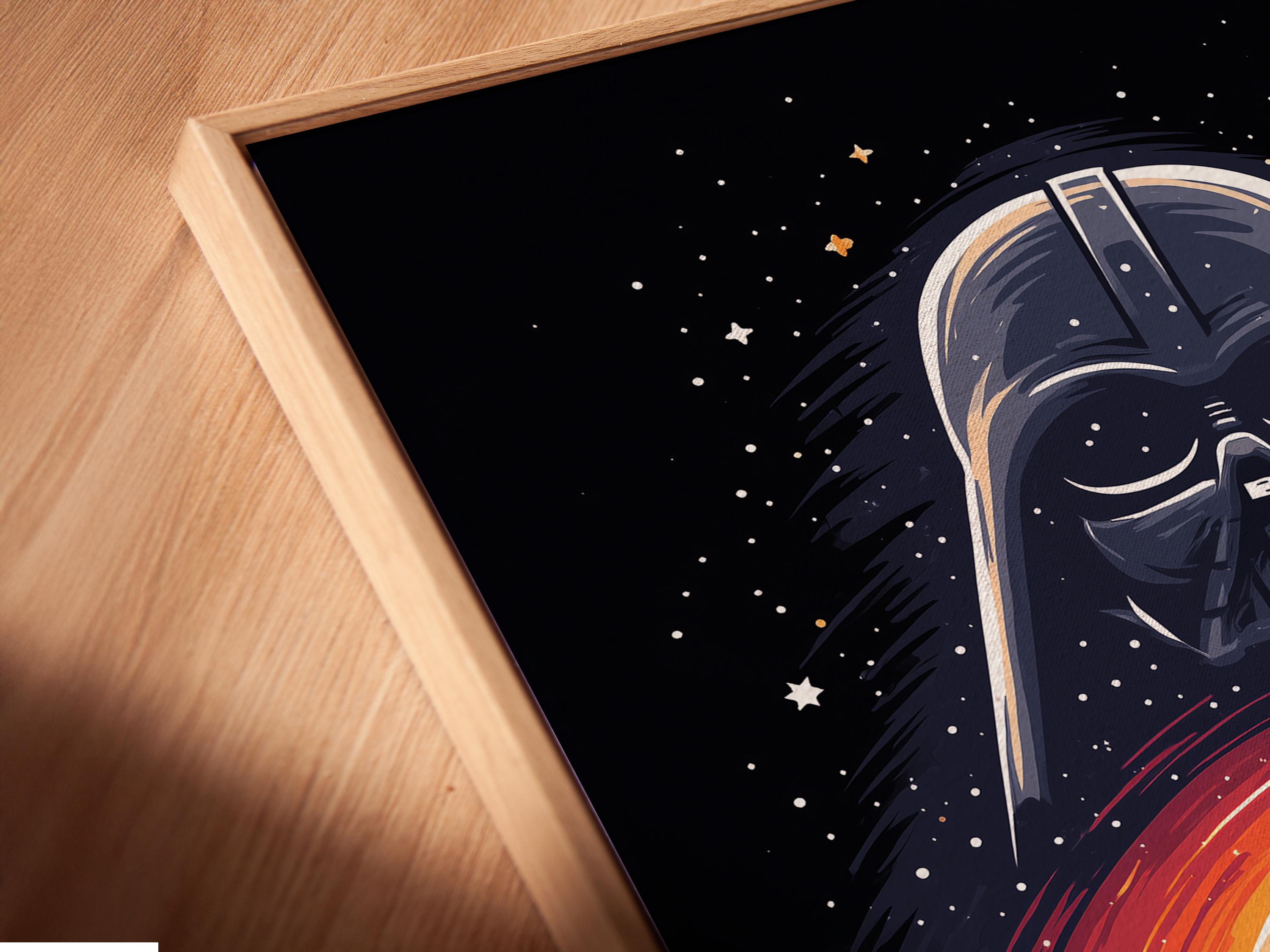 Dark sci-fi illustration of a helmeted villain above a glowing planet with stars and a forest silhouette detail view