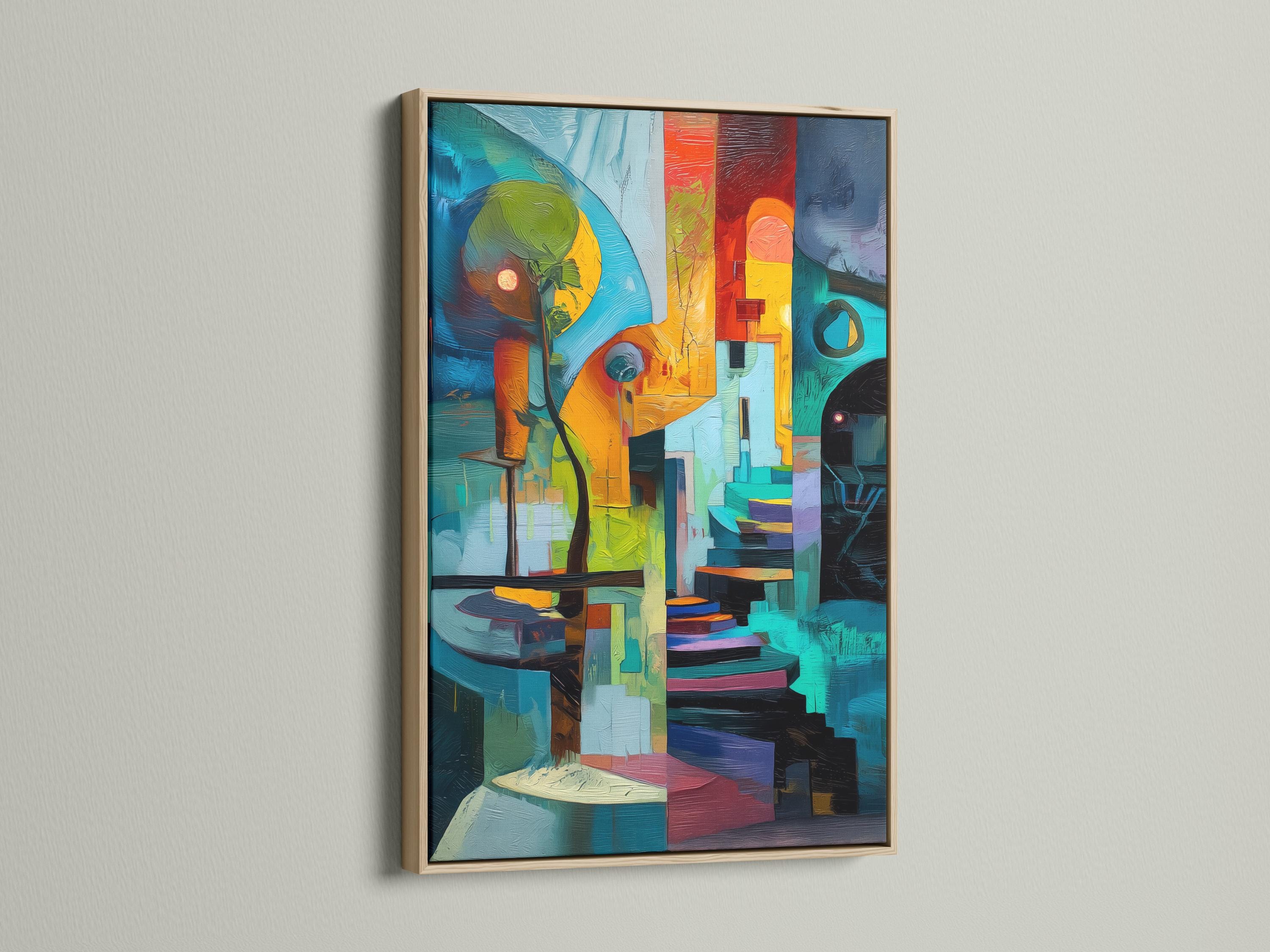 Person in yellow holding a cup standing beside a framed abstract geometric artwork