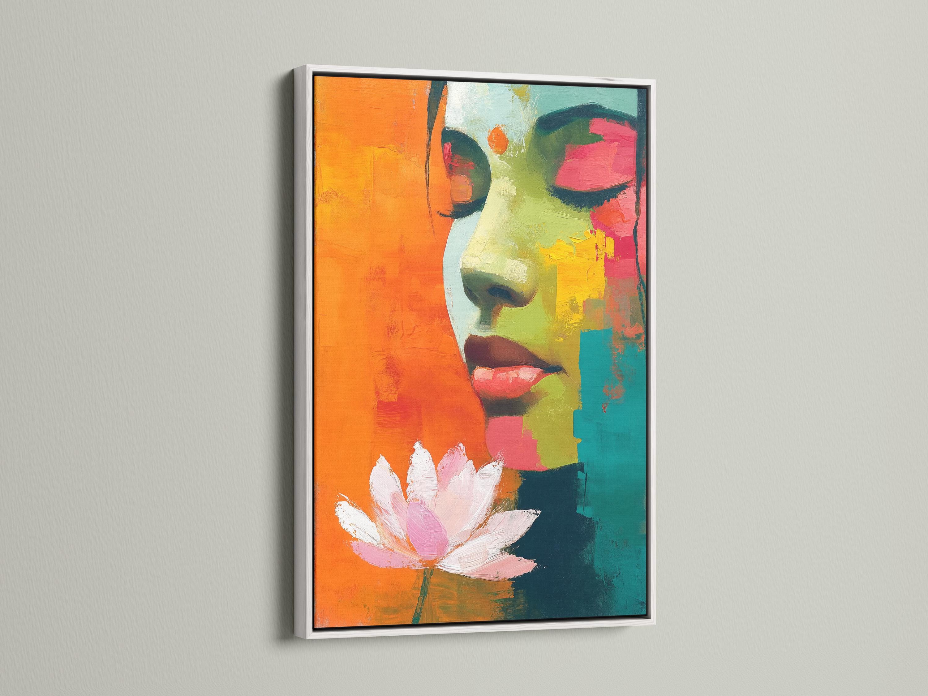 Abstract framed portrait of a woman profile with a lotus flower, shown in a room mockup with multiple frame options