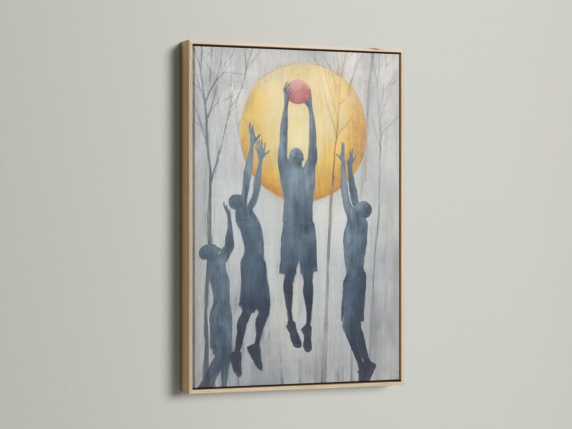 Basketball hoop silhouette with blue player figures reaching up inside a golden circle detail view