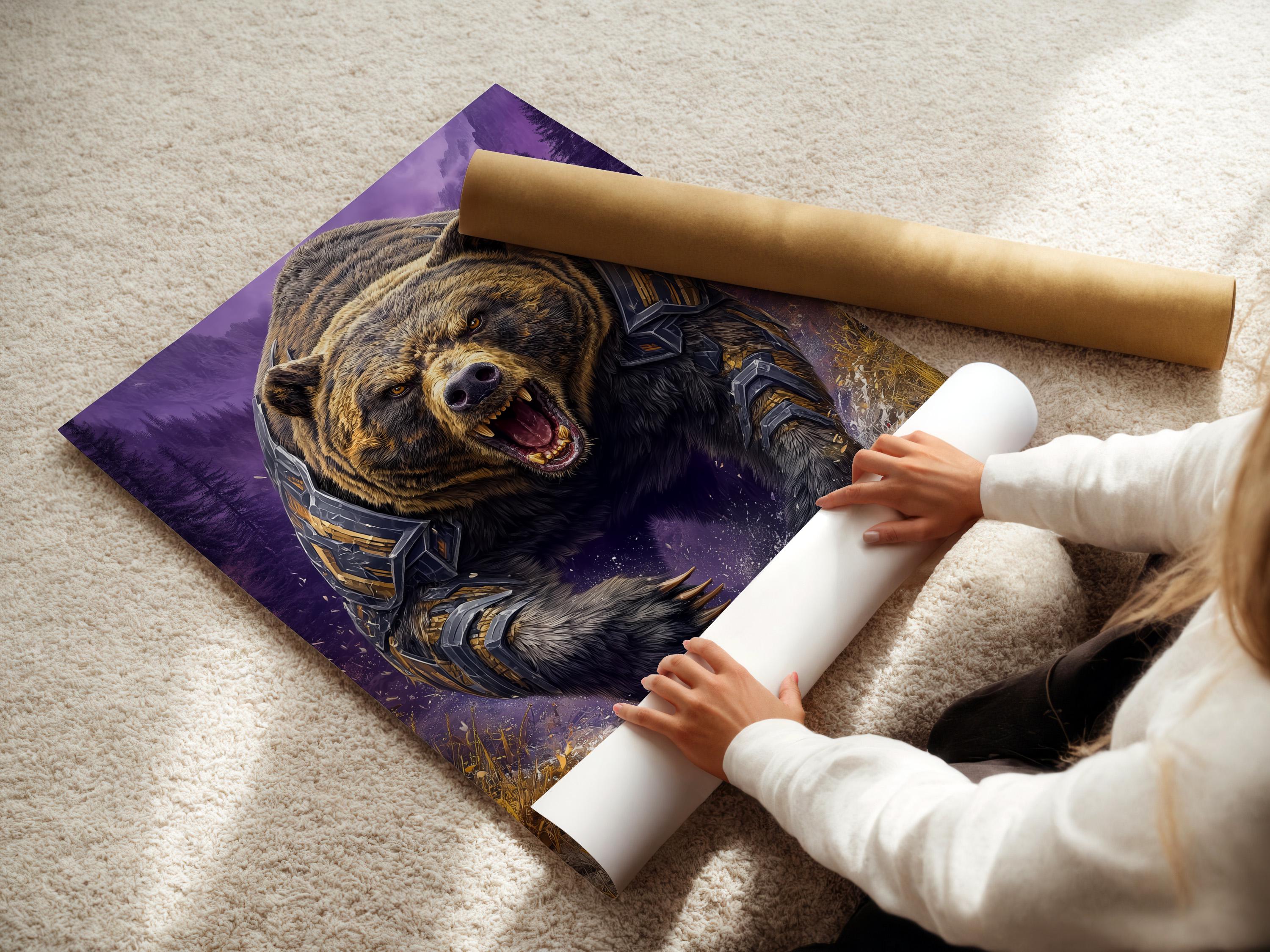 Roaring armoured bear in a purple mountain fantasy scene with gold accents and a white splash detail view