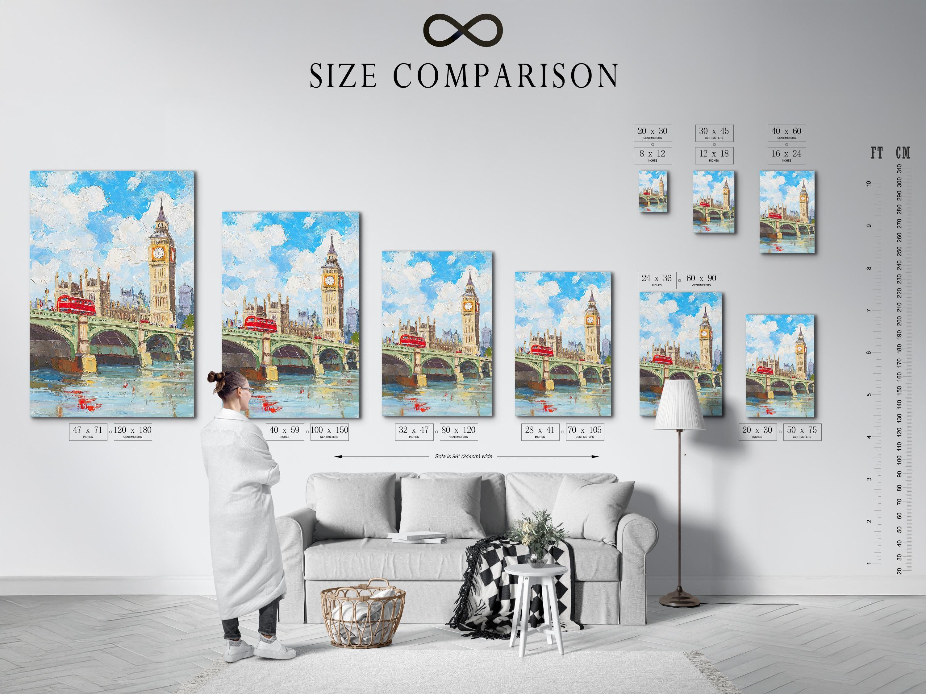 Room mockup with a framed blue cityscape artwork above a wooden sideboard and dining table
