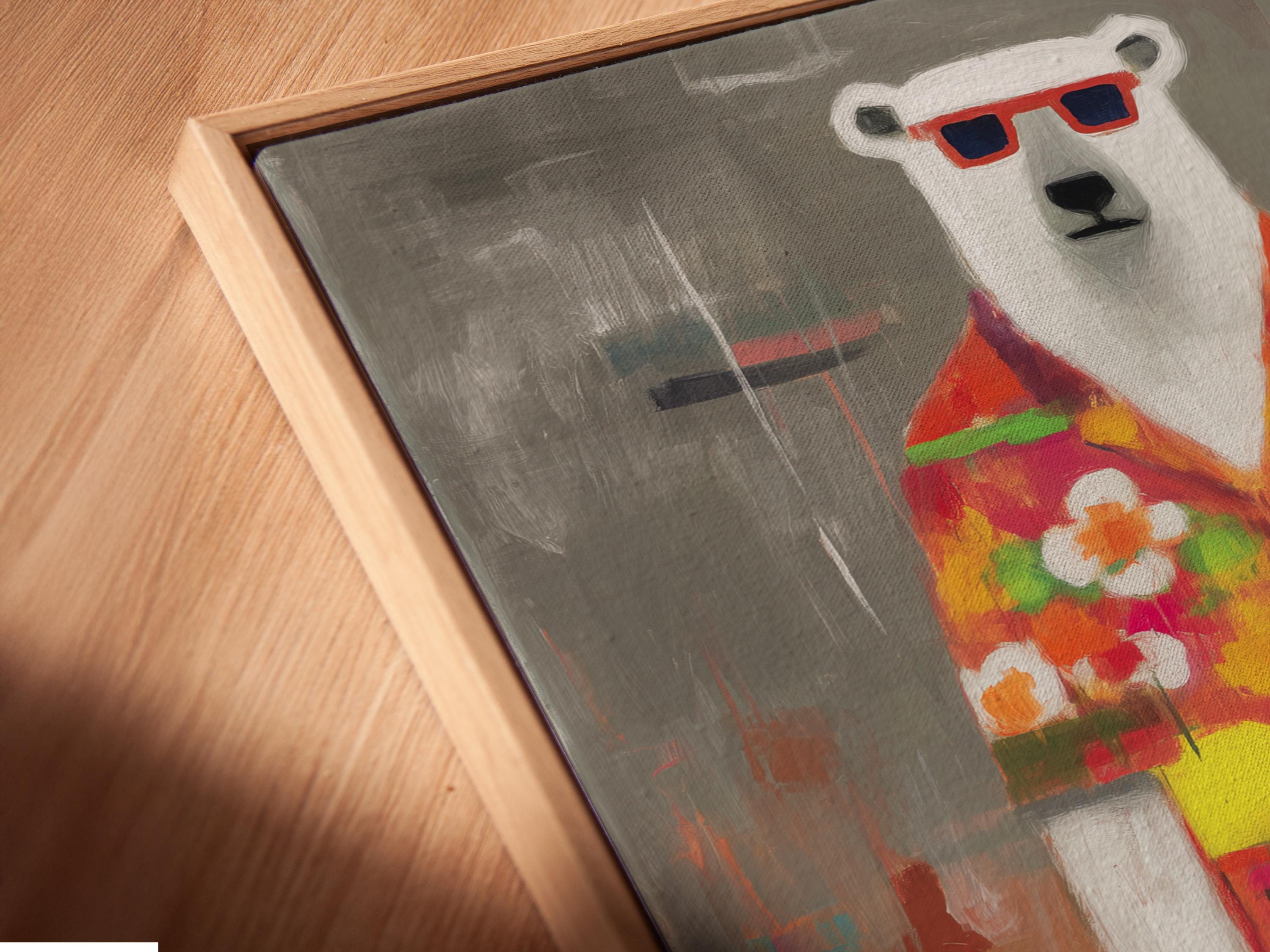 Stylised polar bear wearing red sunglasses and a colourful tropical shirt against a grey background detail view