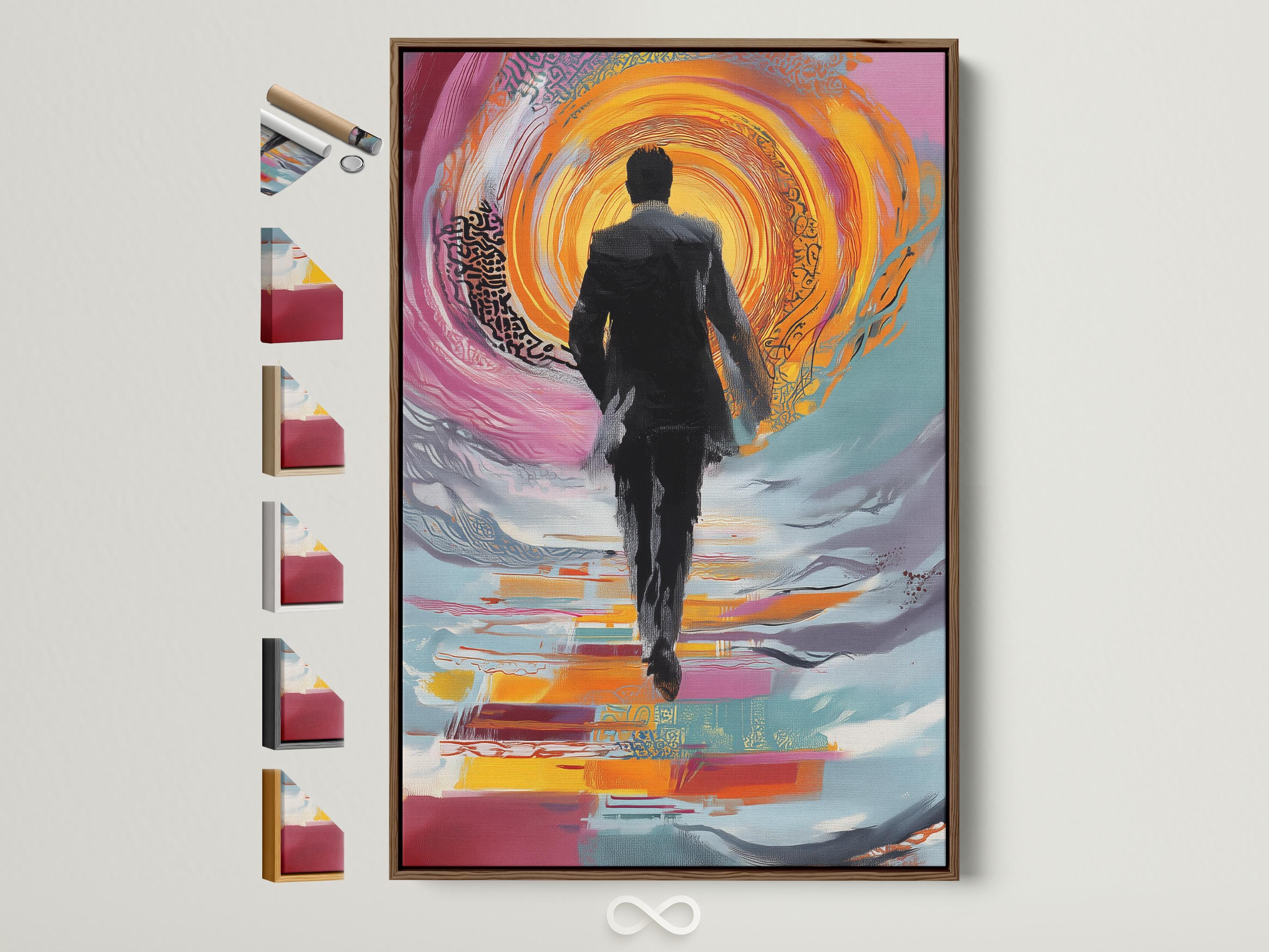 Person seated in a living room with a framed abstract man silhouette artwork on the wall