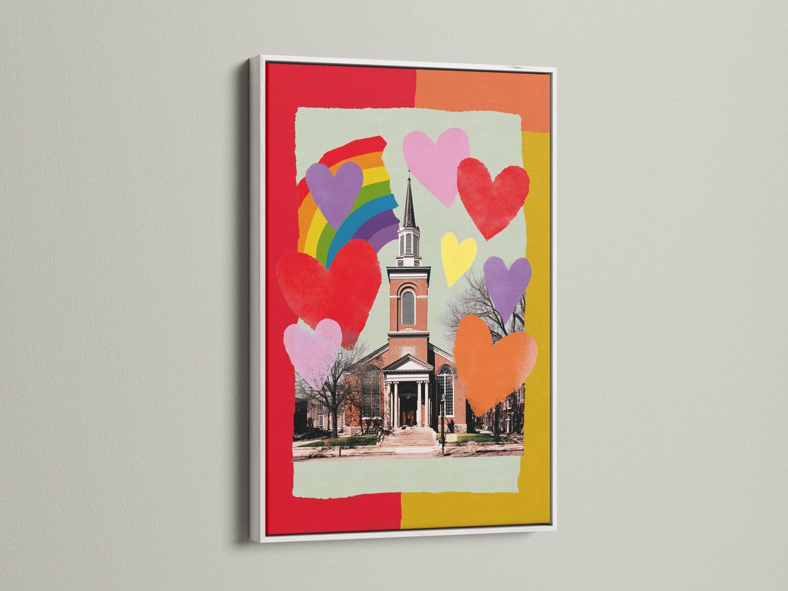Rainbow hearts church artwork with a rainbow arch and colourful heart shapes detail view