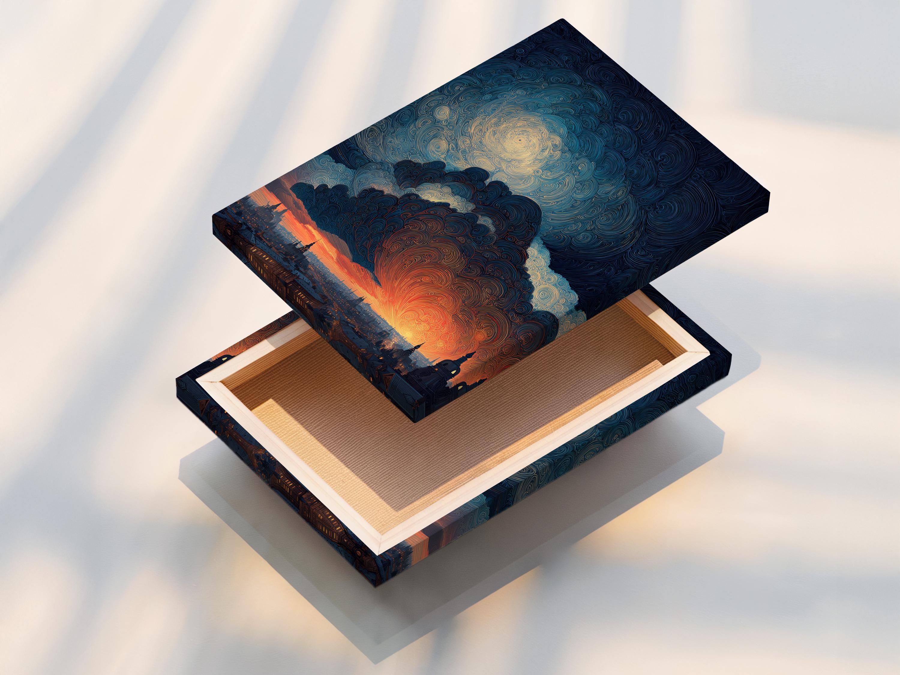 Room mockup showing framed artwork with a swirling night sky cityscape and orange sunset glow