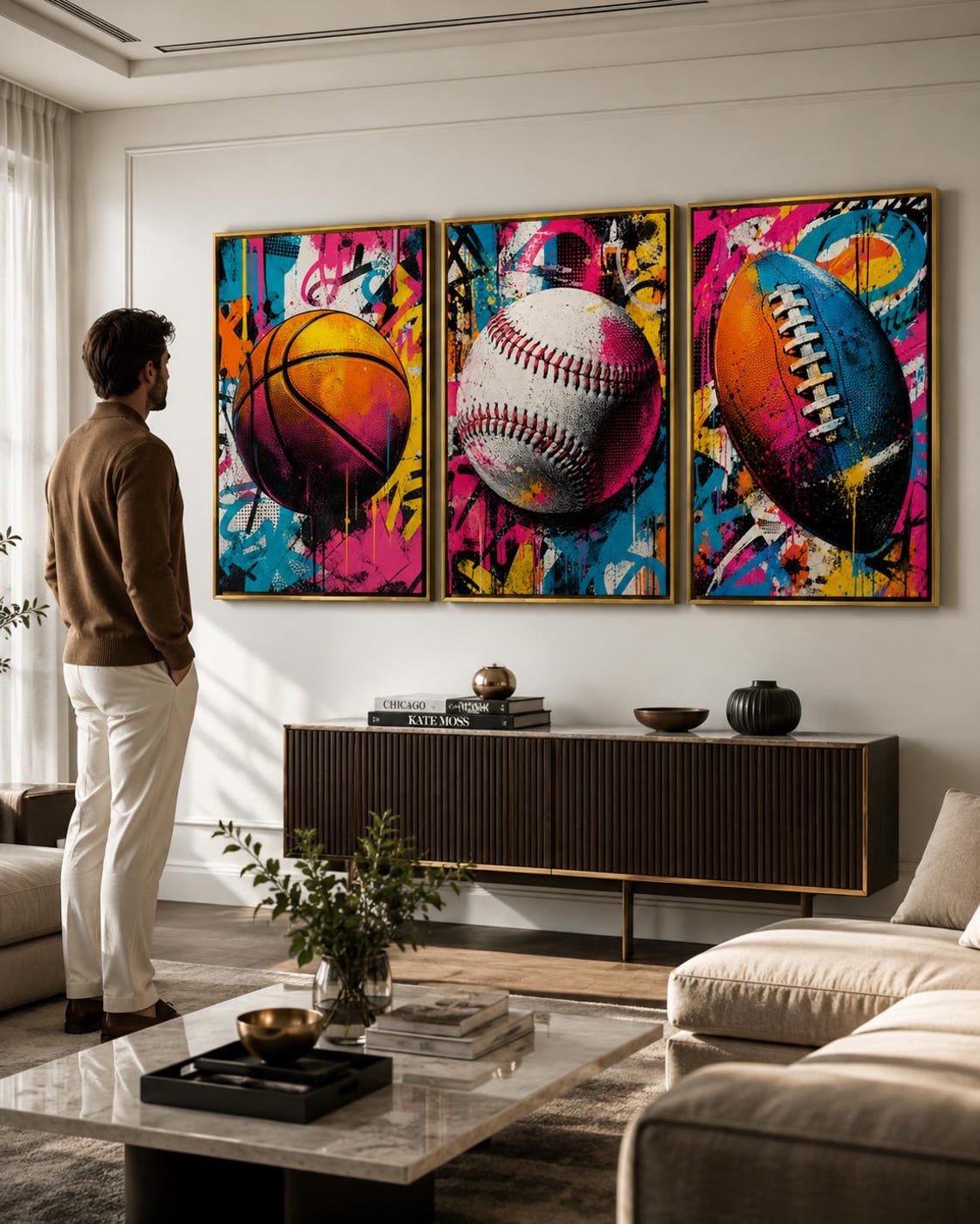Three-panel pop art sports set showing a basketball, baseball and football with “POP ART SPORTS” text detail view