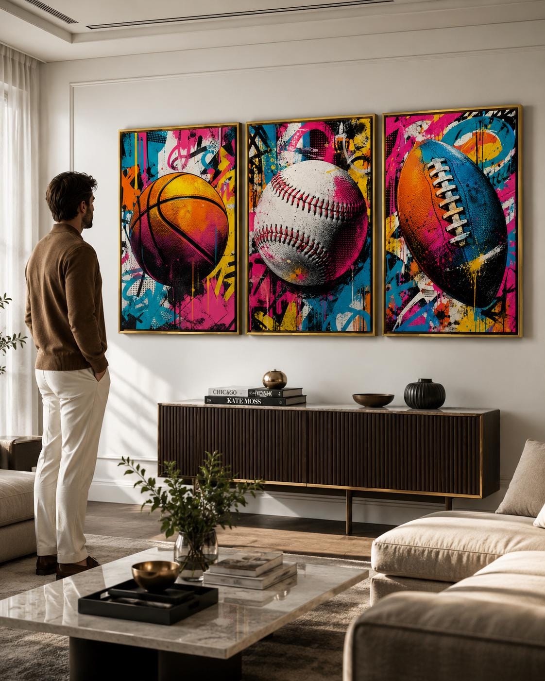 Three-panel pop art sports set showing a basketball, baseball and football with “POP ART SPORTS” text detail view