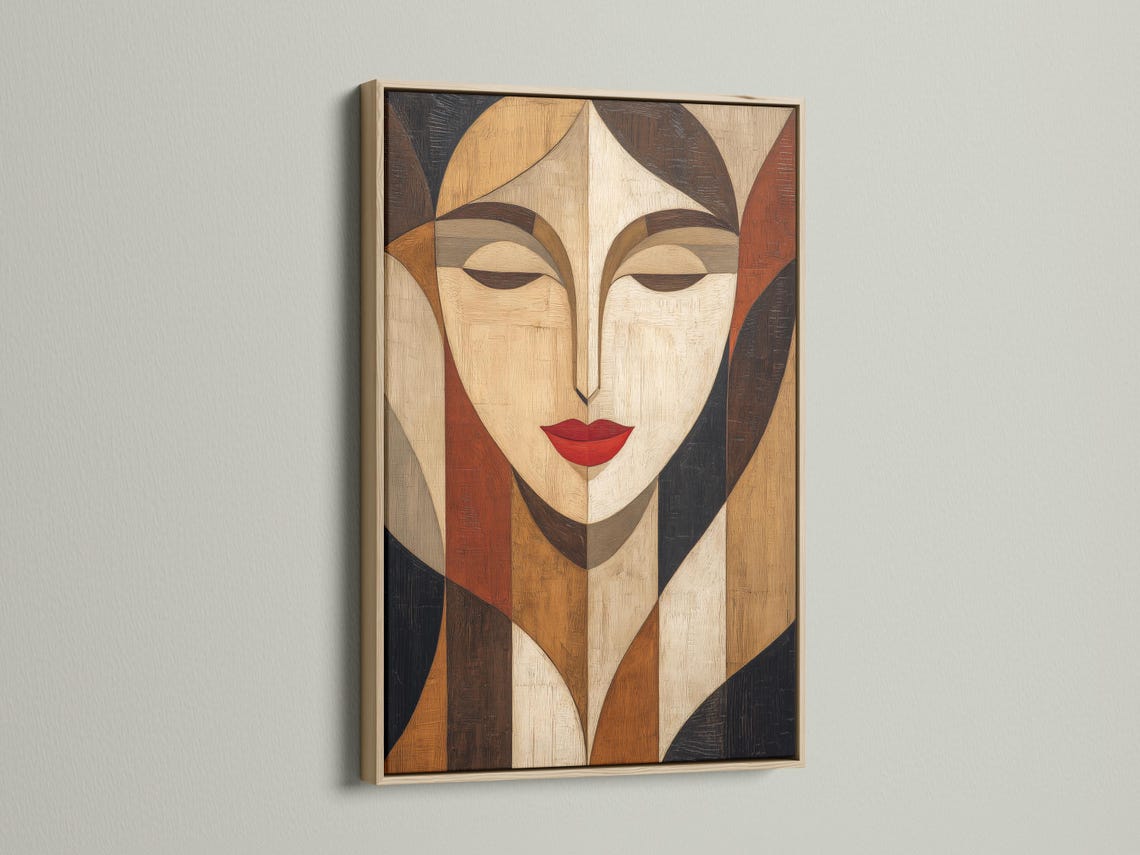 Room mockup showing abstract geometric woman portrait artwork