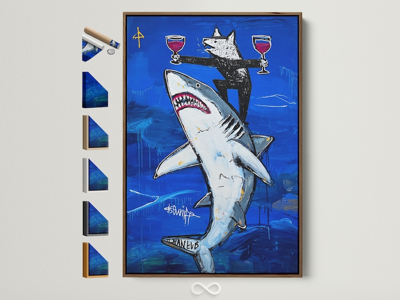 Stylised shark swimming in deep blue ocean with a wolf and trophy goblets