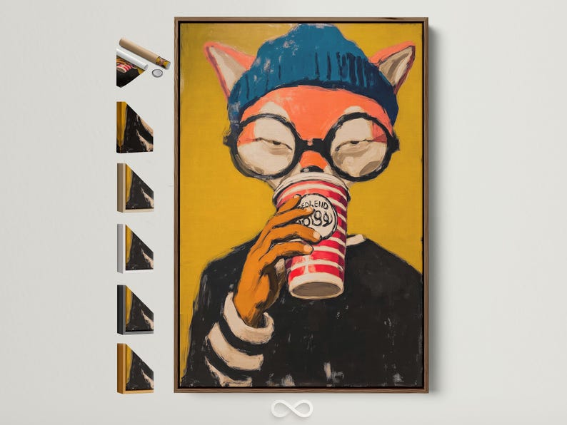 Stylised fox portrait wearing round glasses and a blue beanie, holding a red-and-white striped cup