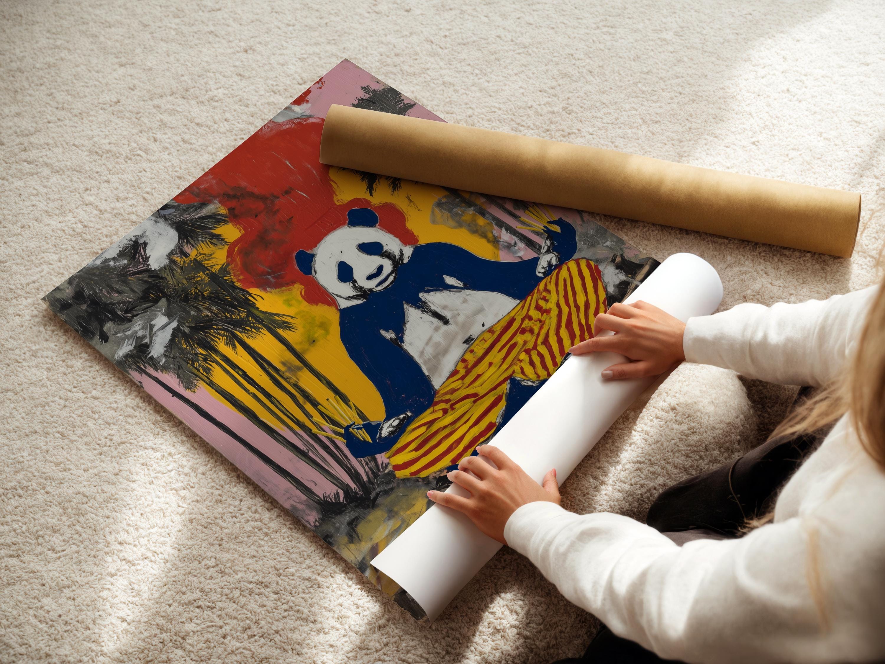 Portrait artwork featuring a seated panda with a yellow and red striped cushion and graffiti-style colours detail view