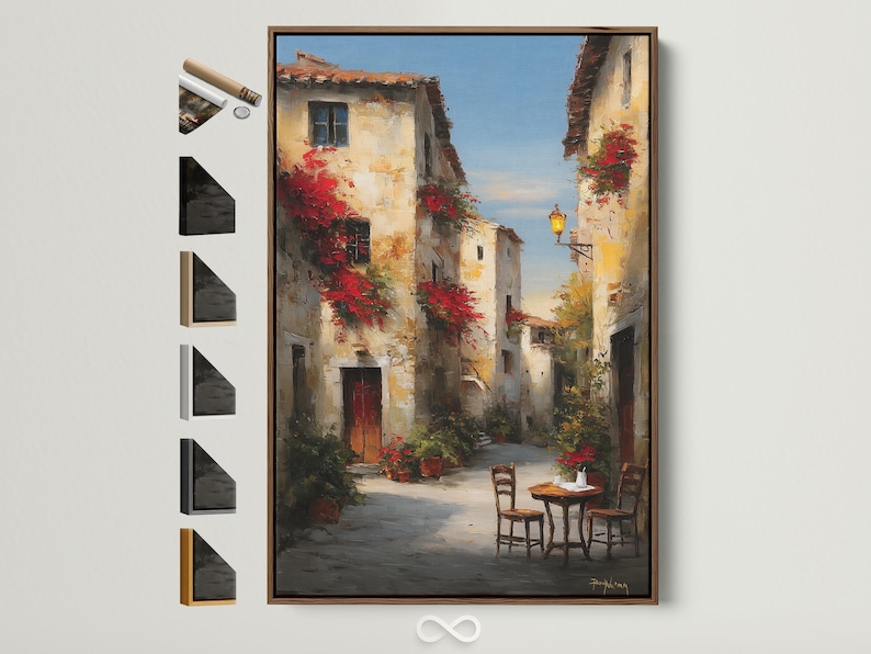 Painterly old-town street scene with red flowers, warm lantern light, and a small café table with chairs