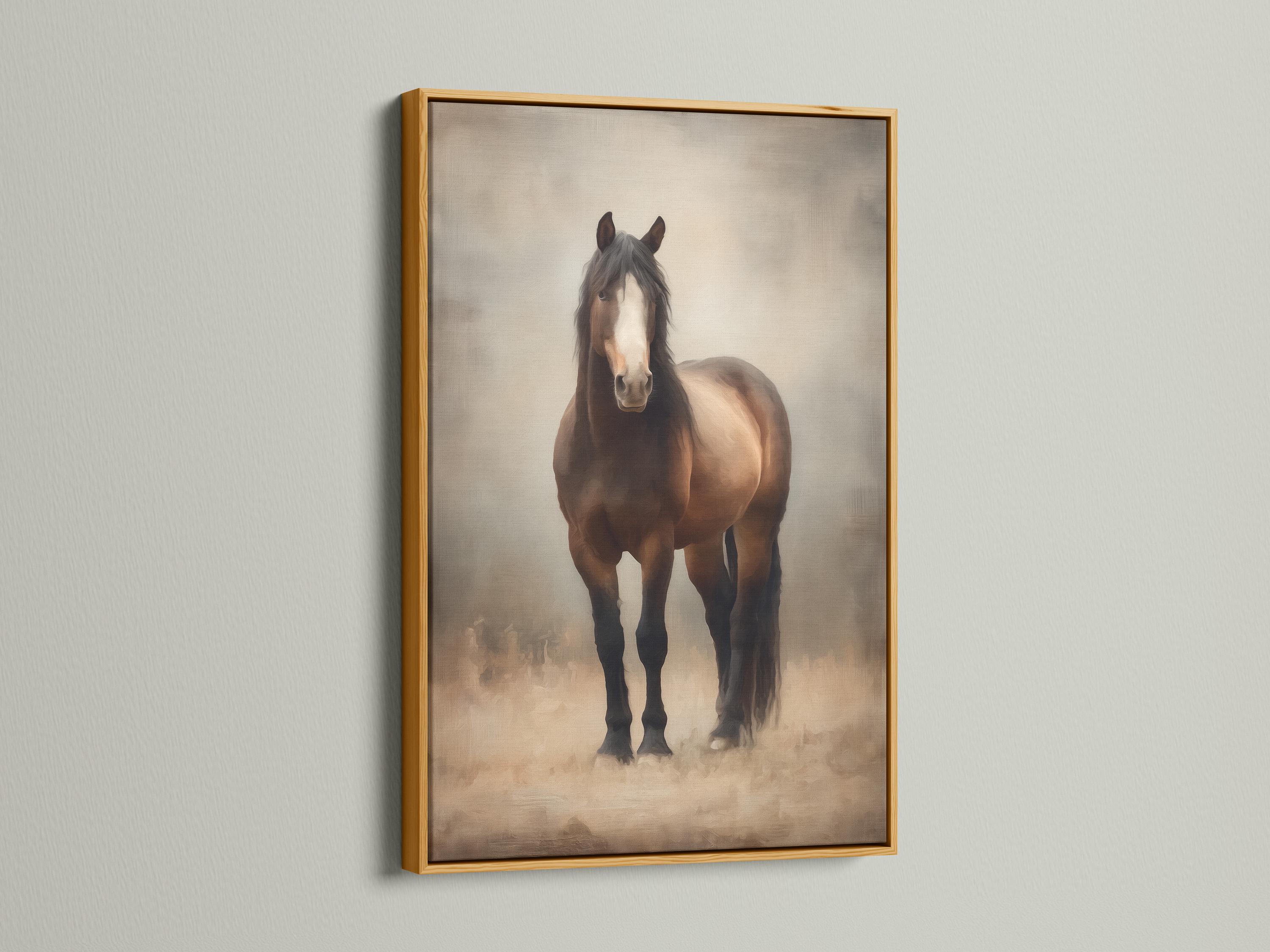 Room mockup showing a framed brown horse portrait artwork on a beige wall