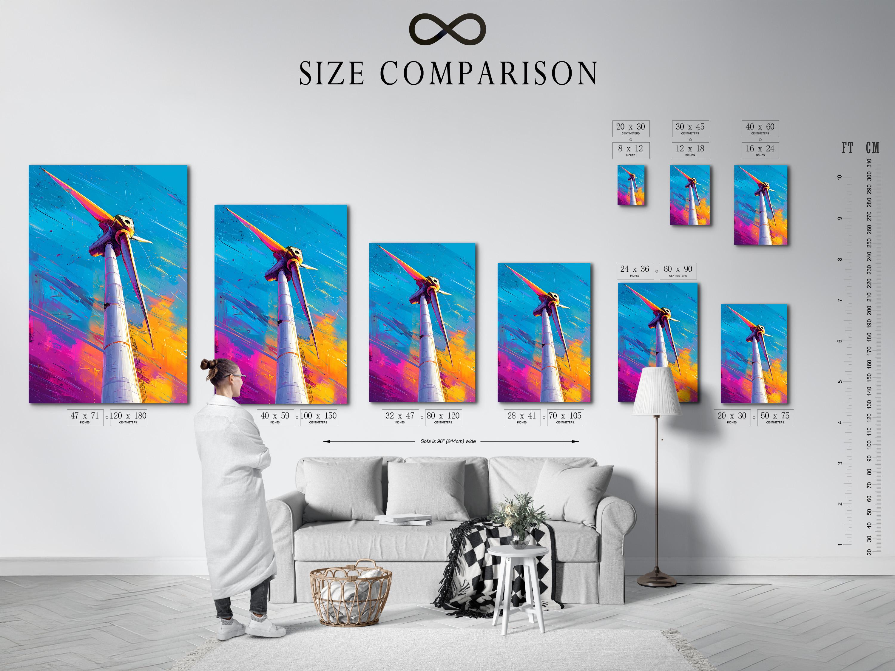 Wind turbine on a sky-blue background with diagonal motion streaks and orange magenta accents detail view