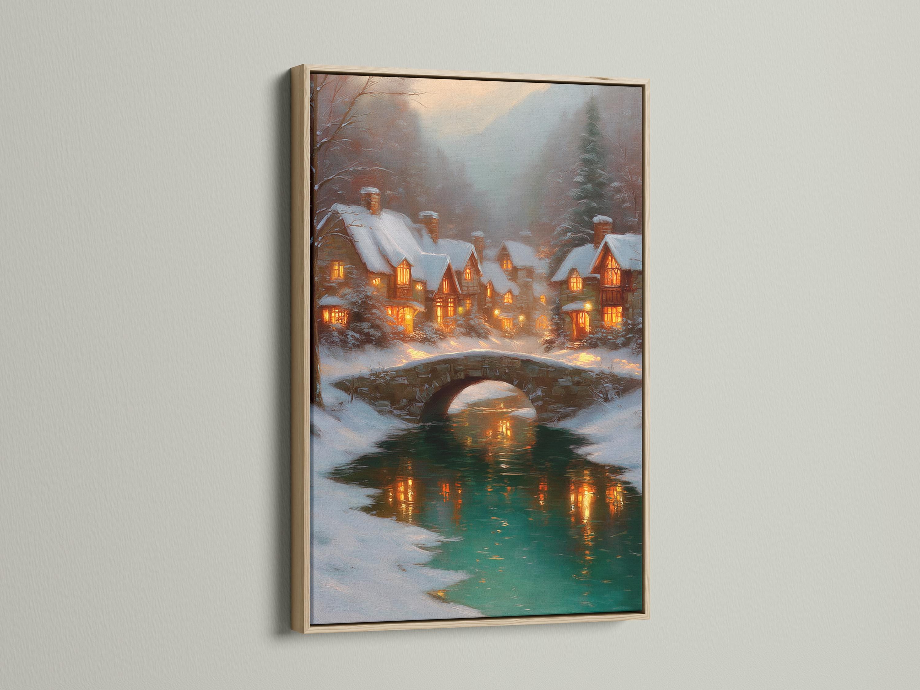 Snowy village scene with warm-lit cottages, an arched bridge and teal river reflections detail view