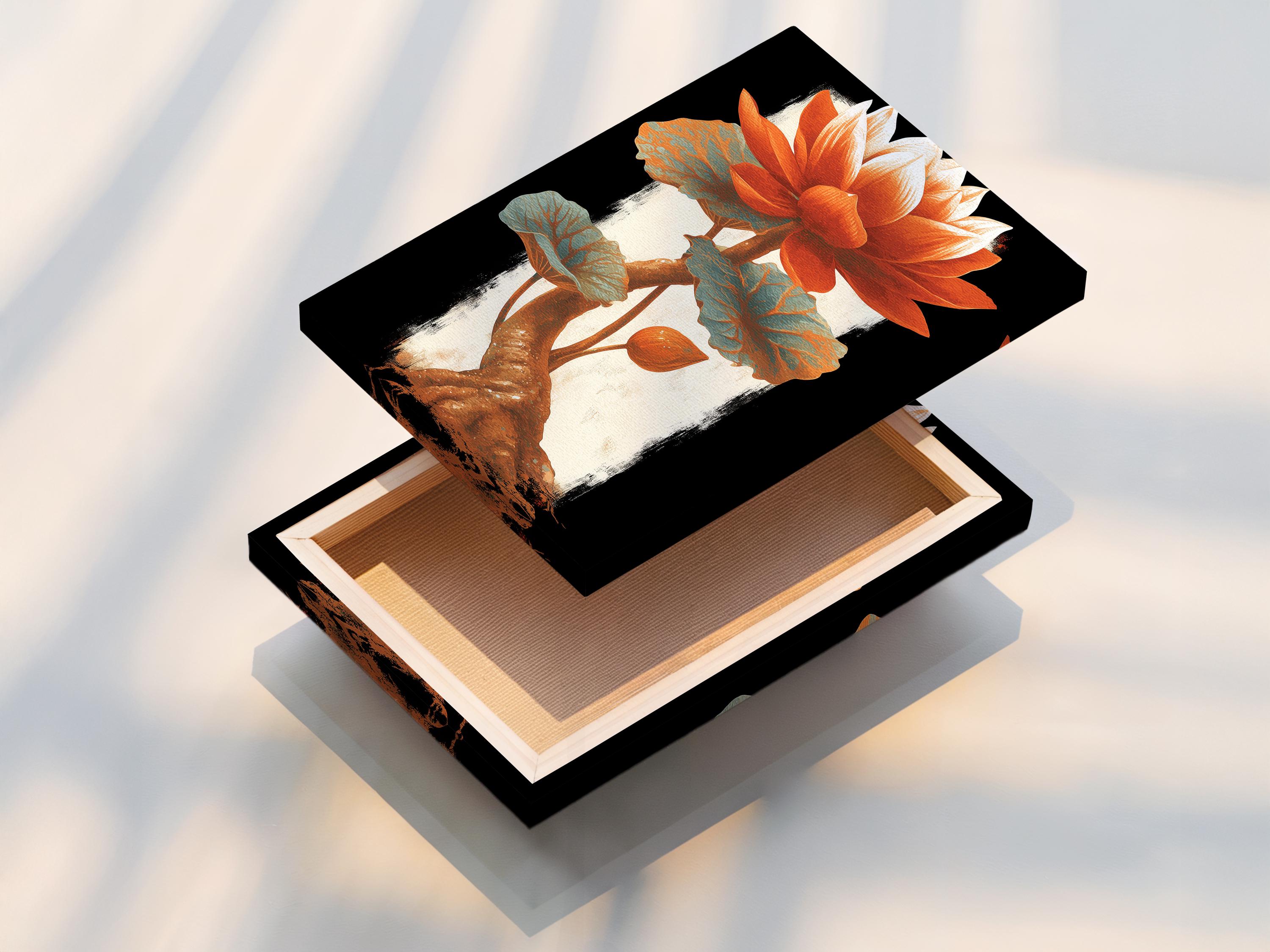 Room mockup showing a portrait lotus flower artwork with burnt orange petals and teal leaves