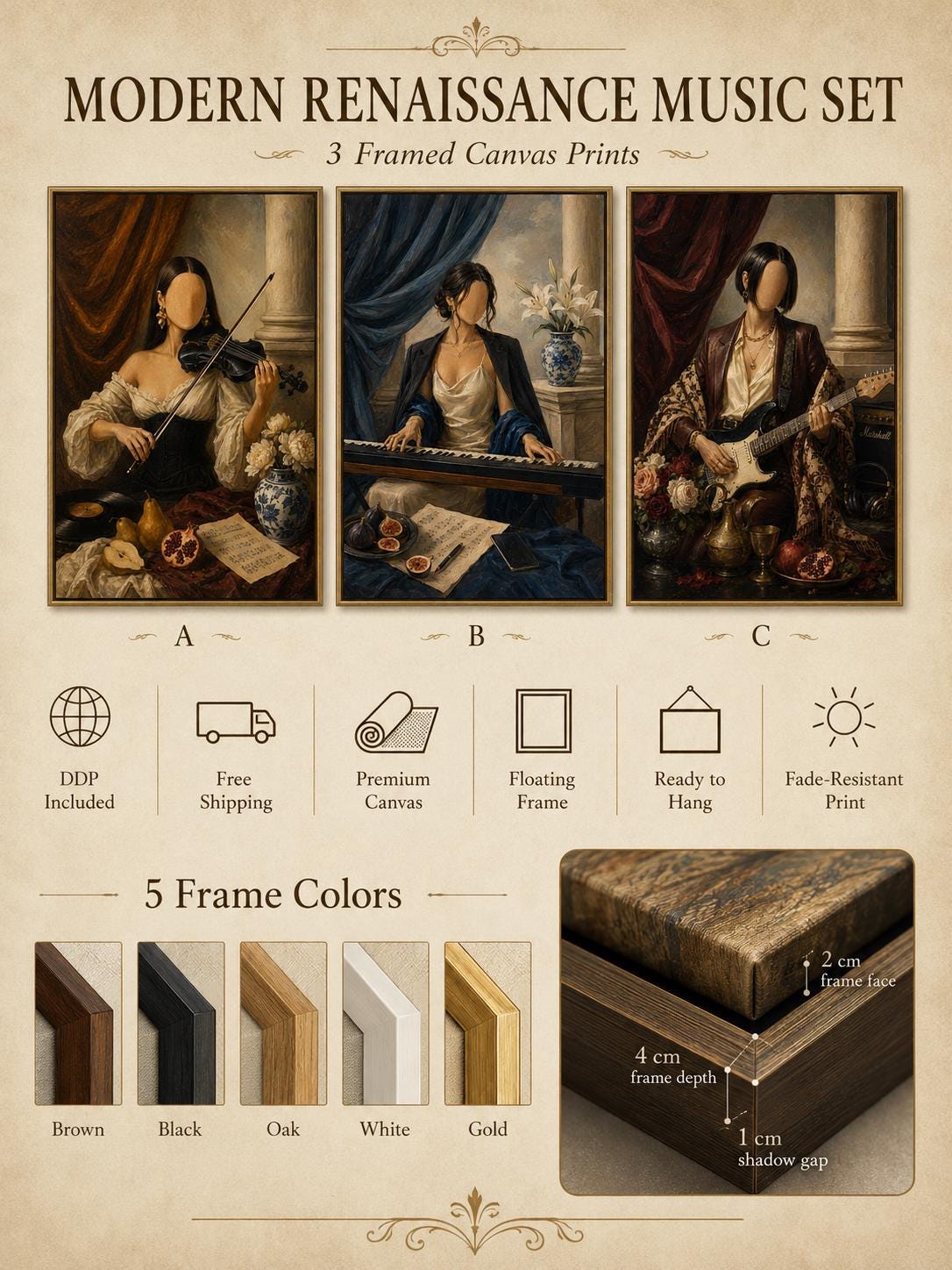 Three Renaissance-inspired faceless musician portraits with violin, keyboard and electric guitar detail view