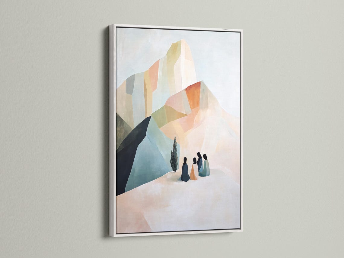 A pastel geometric mountain scene features layered cliffs and soft slopes with four silhouetted figures gathered in the foreground detail view