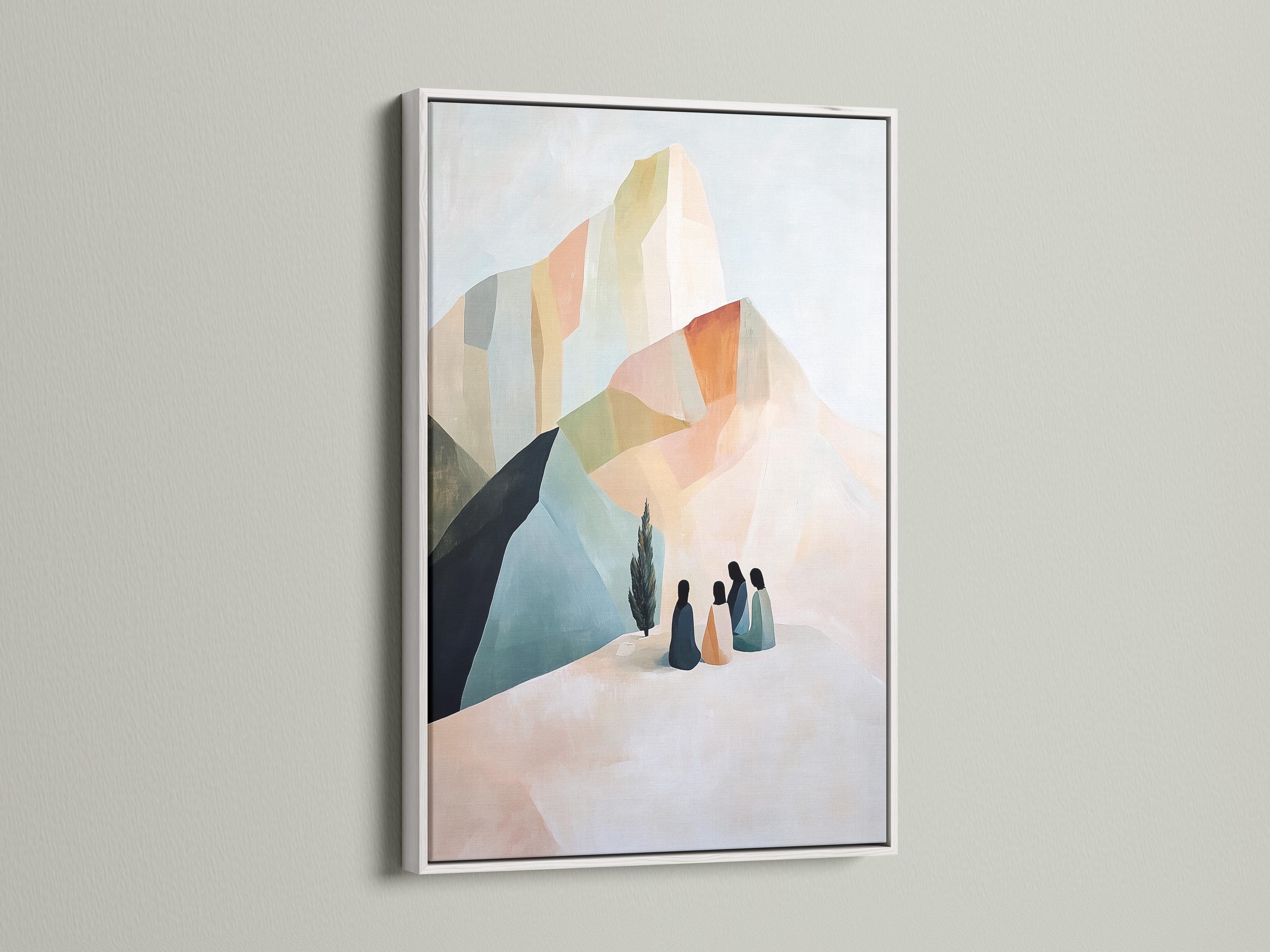 A pastel geometric mountain scene features layered cliffs and soft slopes with four silhouetted figures gathered in the foreground detail view
