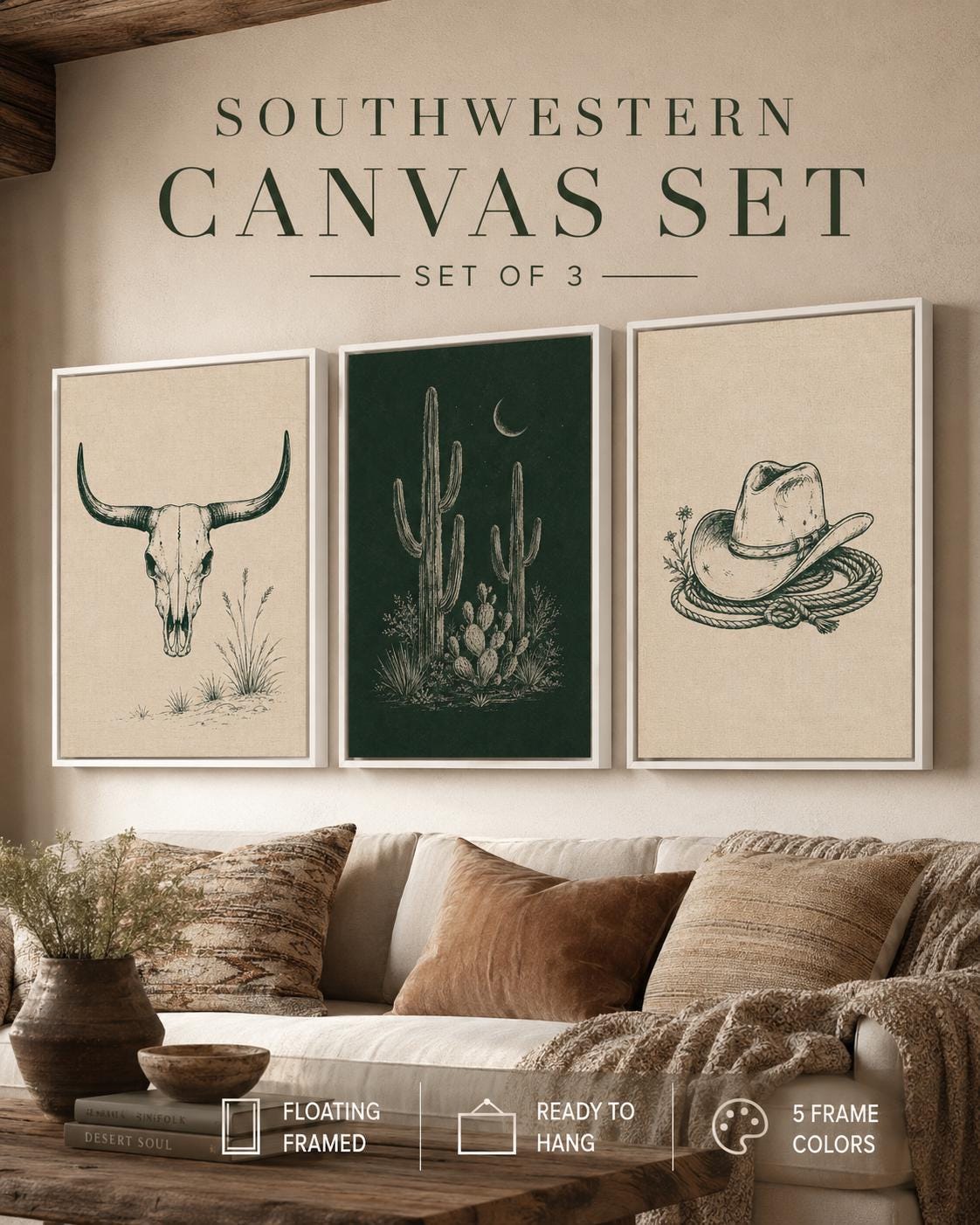 Western framed wall art set displayed above a wooden sideboard with a person standing nearby
