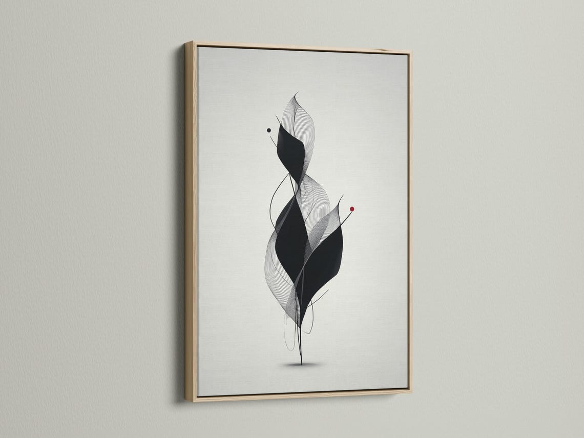 Monochrome abstract flower line art with layered black petals, fine curves and a small red dot detail view