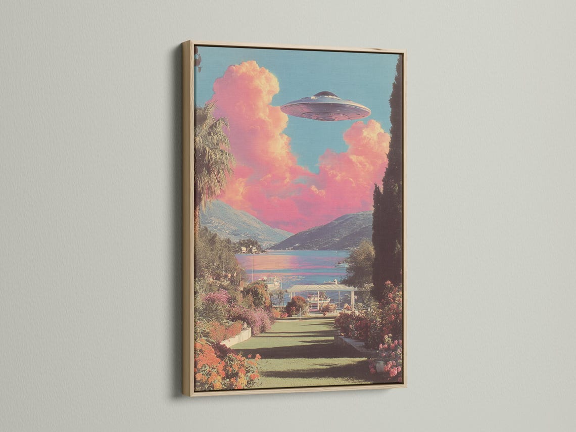 Wall mockup featuring a retro sci-fi UFO lake landscape