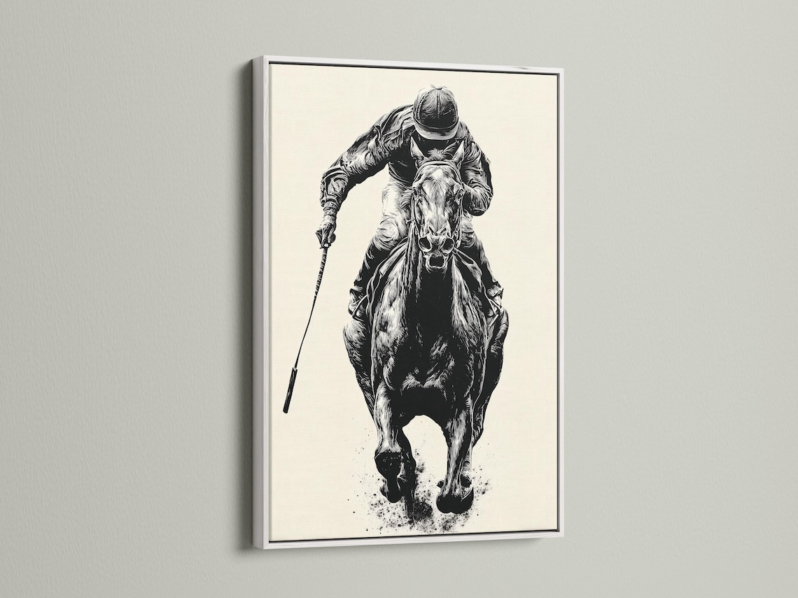 Mockup showing a framed black and white equestrian polo rider illustration