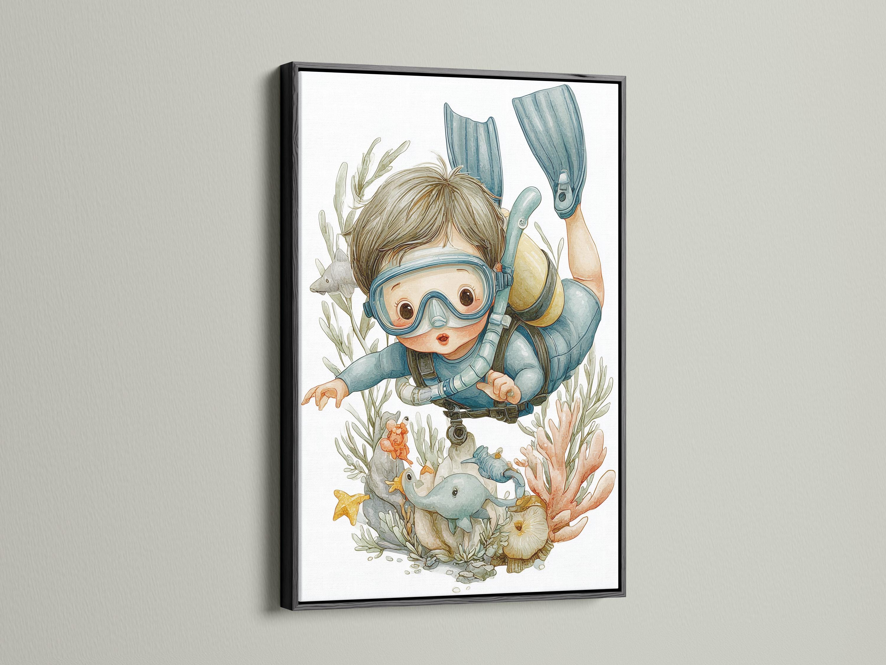 Illustrated child diver underwater scene with seaweed, fish and starfish detail view