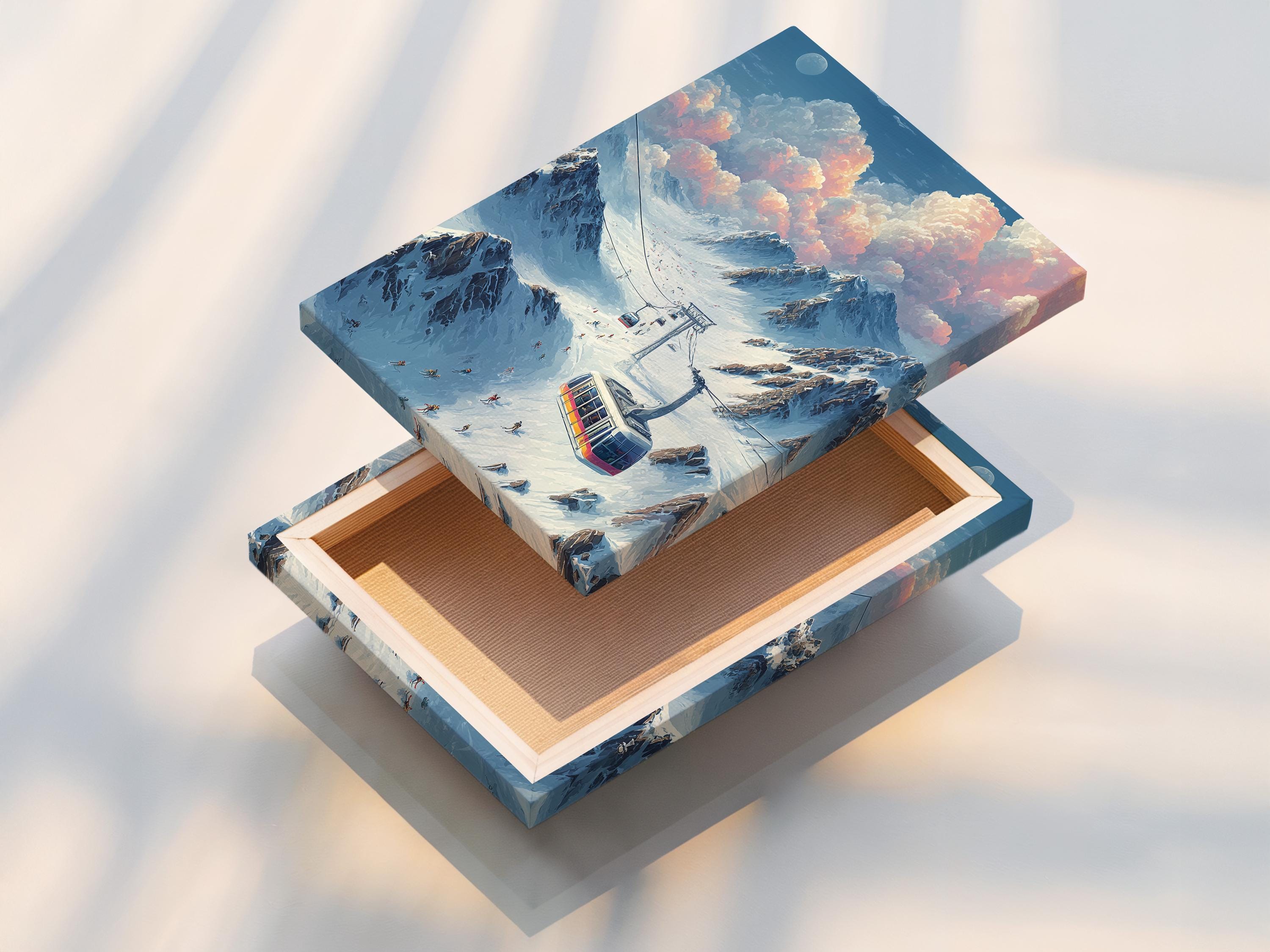 Snowy alpine ski scene with a cable car gondola and skiers on mountain slopes detail view