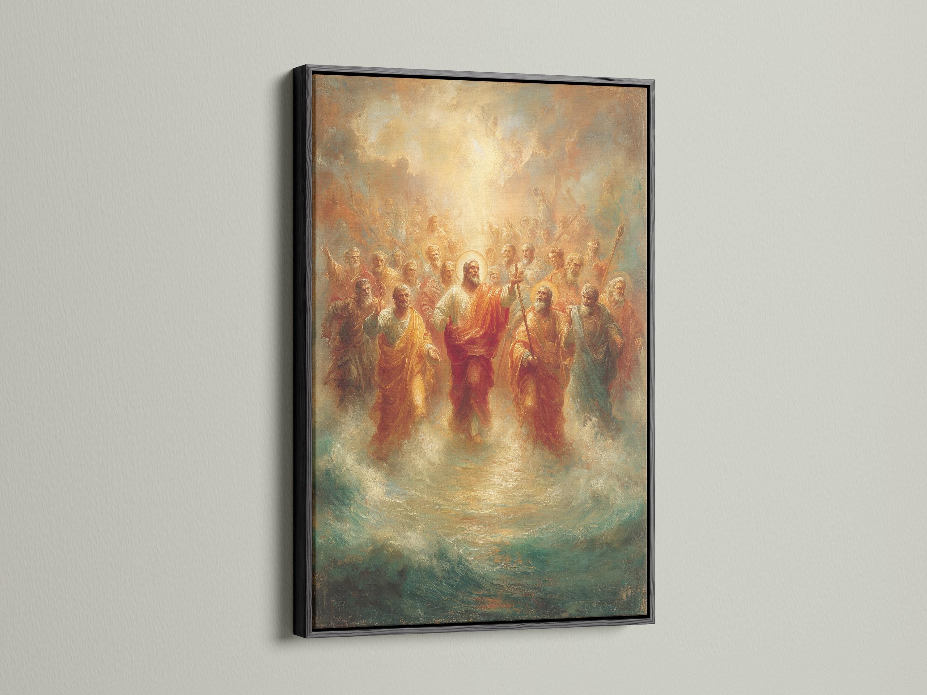 Portrait religious painting showing a radiant golden light above a crowd of robed apostles detail view