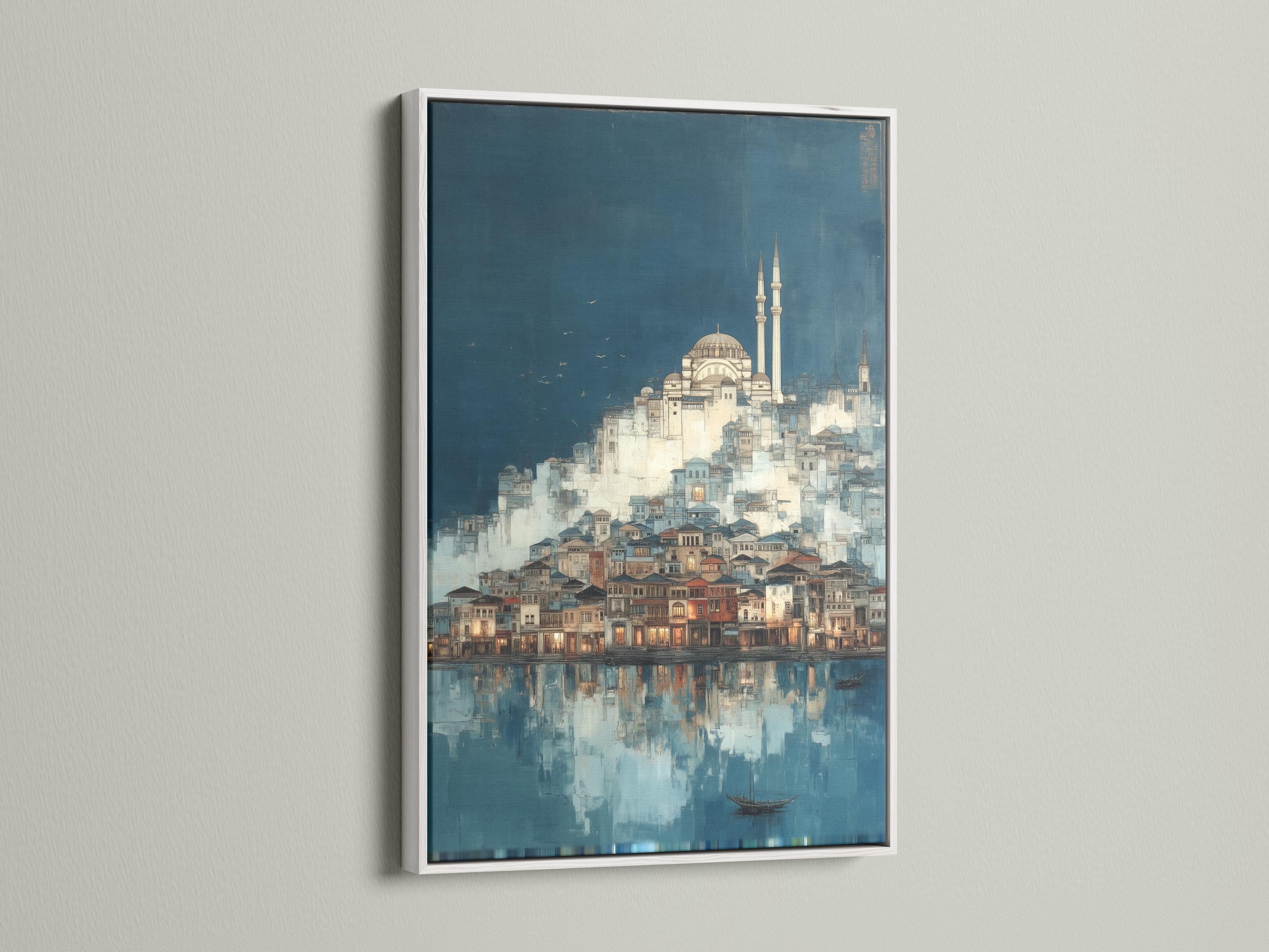Room mockup with a framed blue cityscape mosque artwork on a wall
