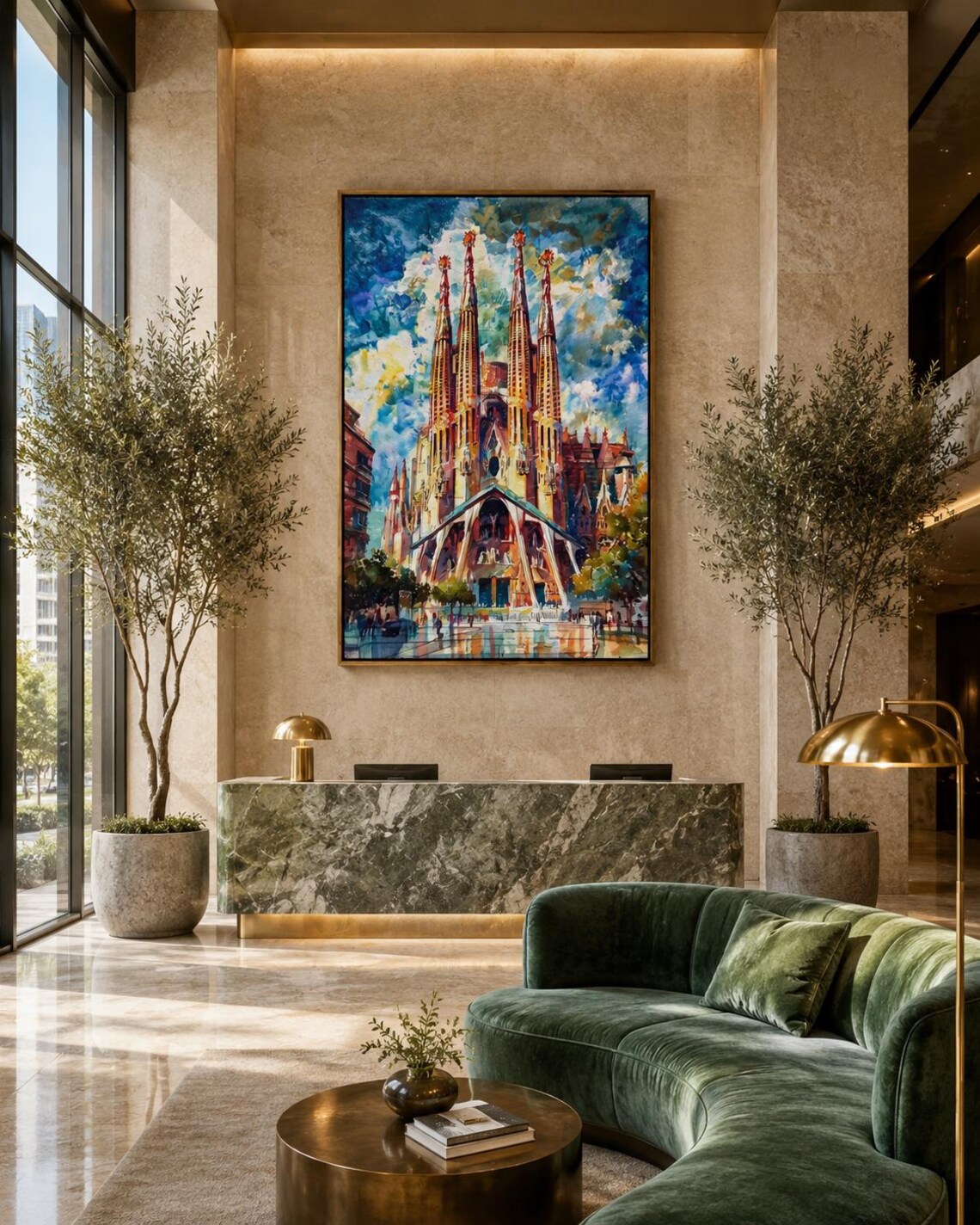 Room mockup showing a framed cathedral spires artwork on a blue wall above a desk