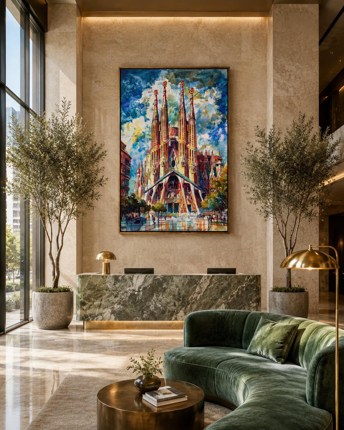 Room mockup showing a framed cathedral spires artwork on a blue wall above a desk