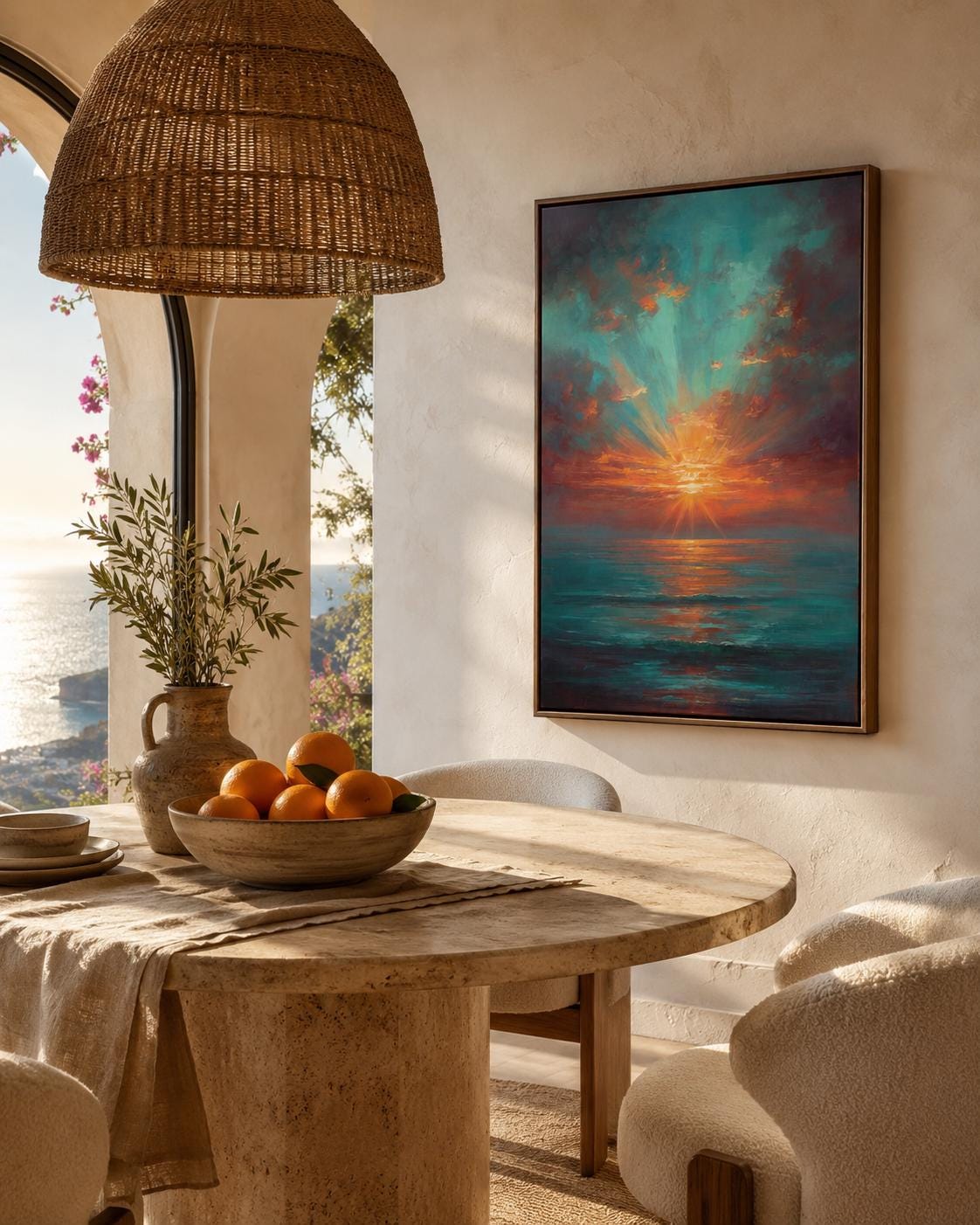 Room mockup with a sofa and a framed teal and copper sunset seascape artwork on the wall