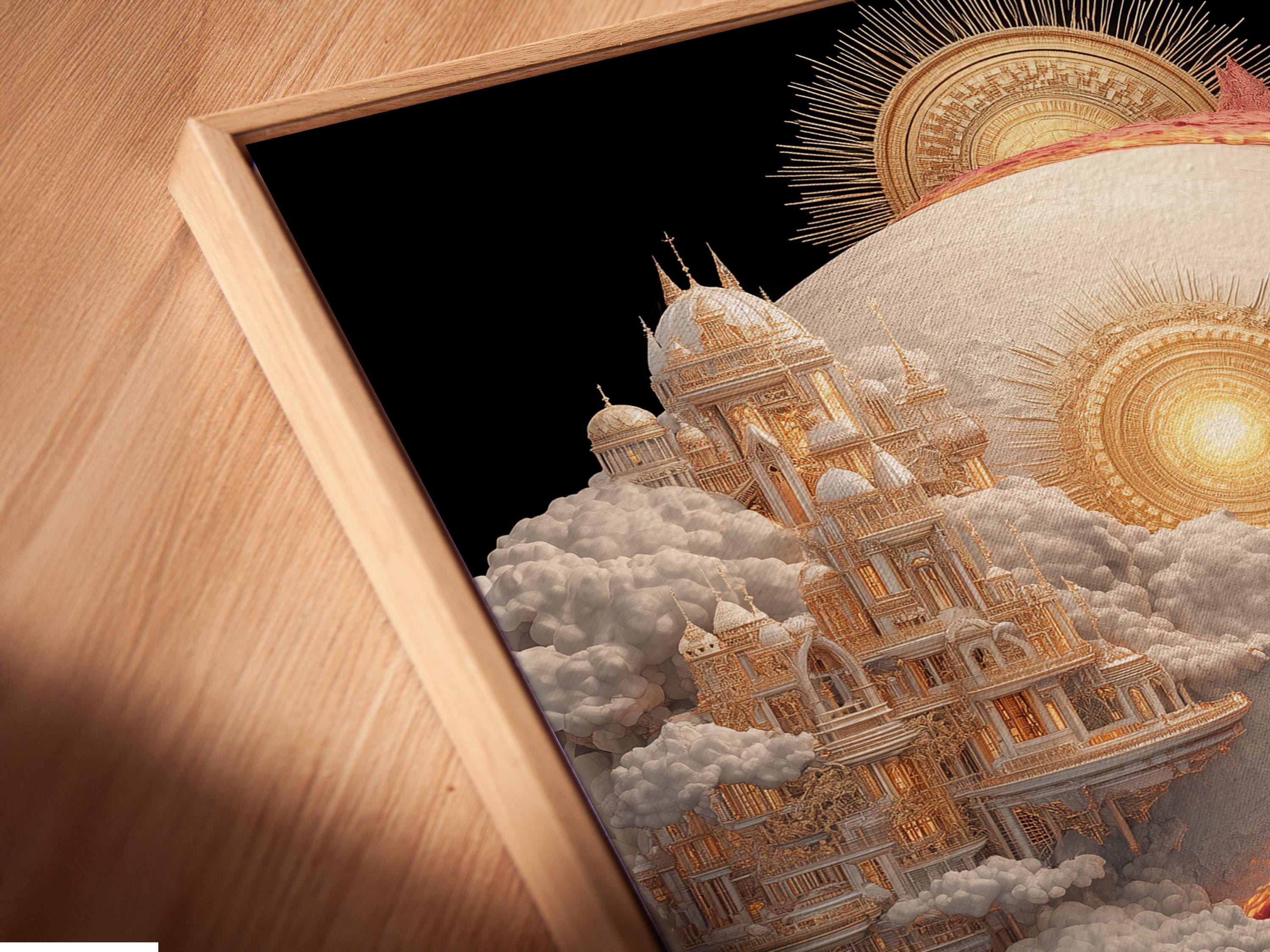 Yin-yang celestial cityscape with coral and ivory clouds, glowing orbs, and birds in flight detail view