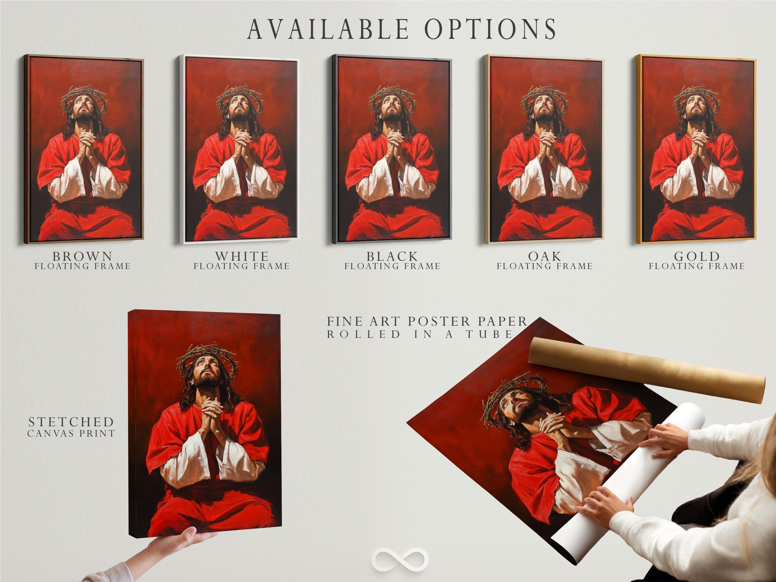 Painterly portrait of Jesus with a crown of thorns, red robe, and praying hands against a dark red-brown background detail view