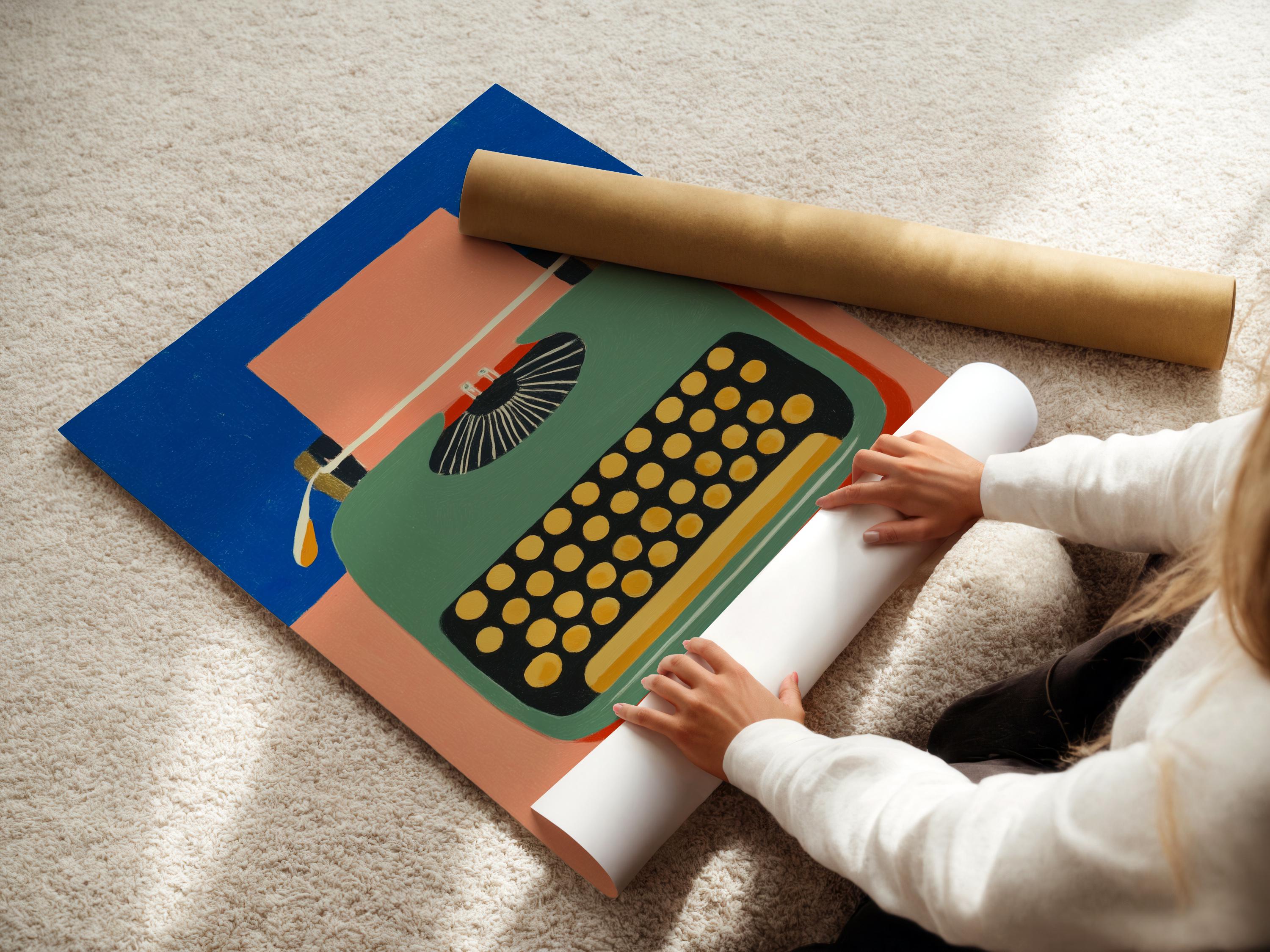 Stylised typewriter illustration with blue background, peach and green body, and gold dot keyboard detail view