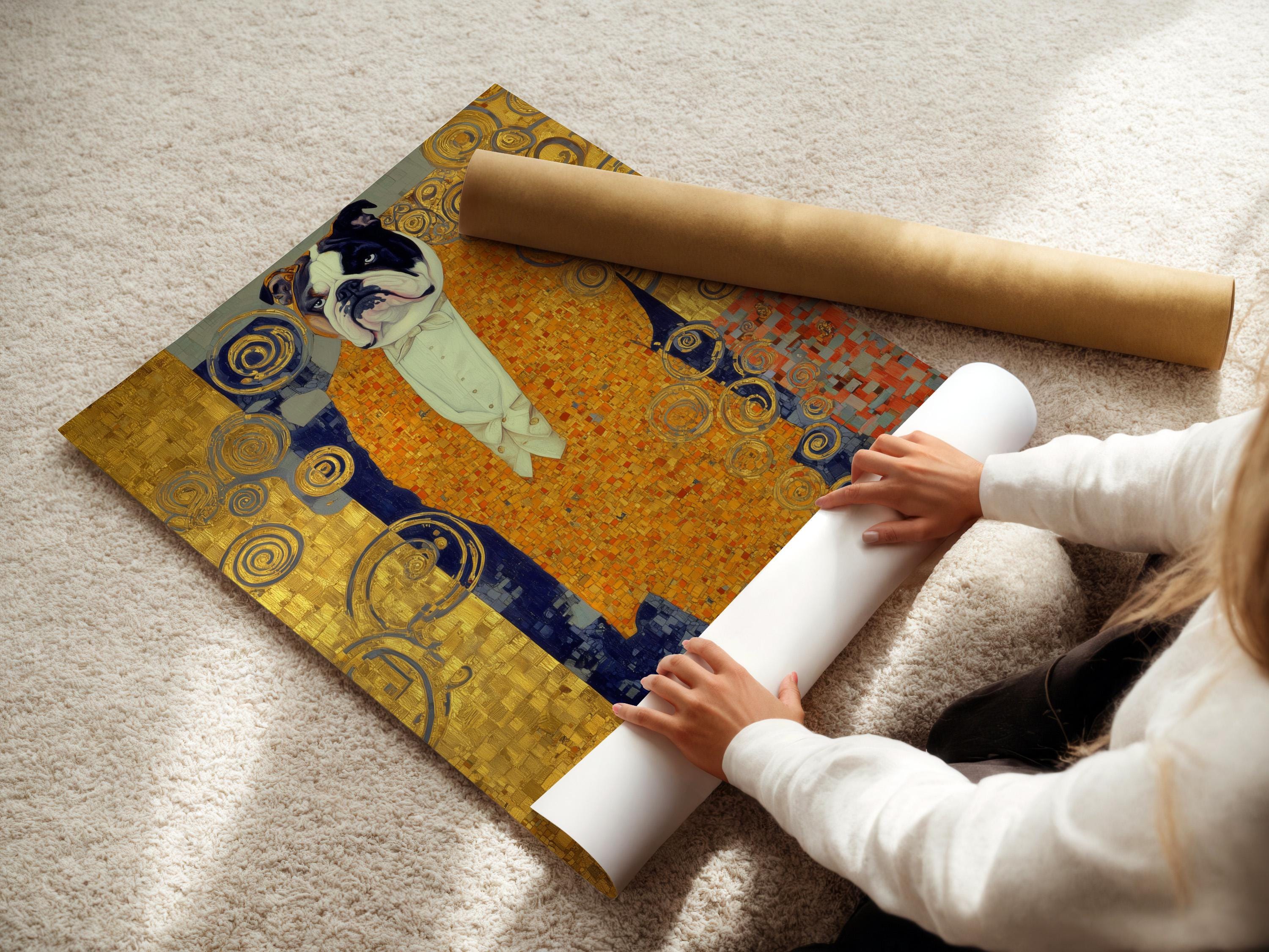 Stylised bulldog portrait with gold ornamental swirls and mosaic-like background in blue and warm reds detail view