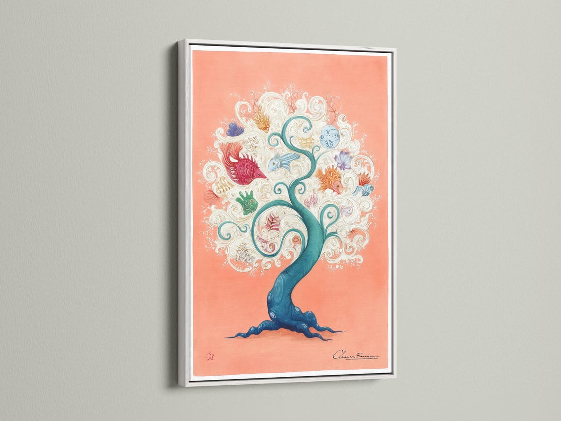 Peach fantasy coral tree with teal ocean waves and illustrated fish, shells and swirls detail view