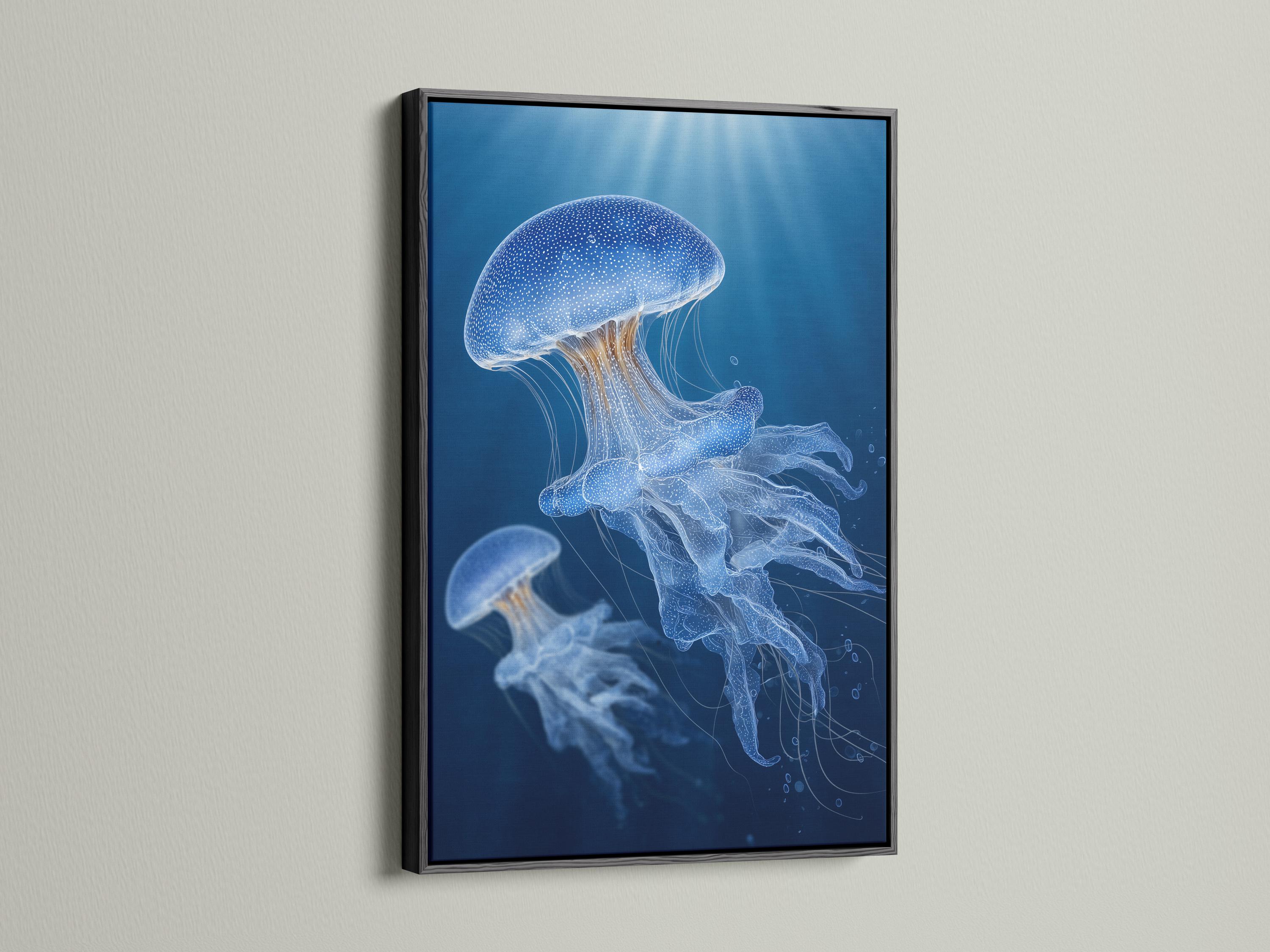 Wall mockup showing a blue jellyfish artwork in a framed display on a light wall